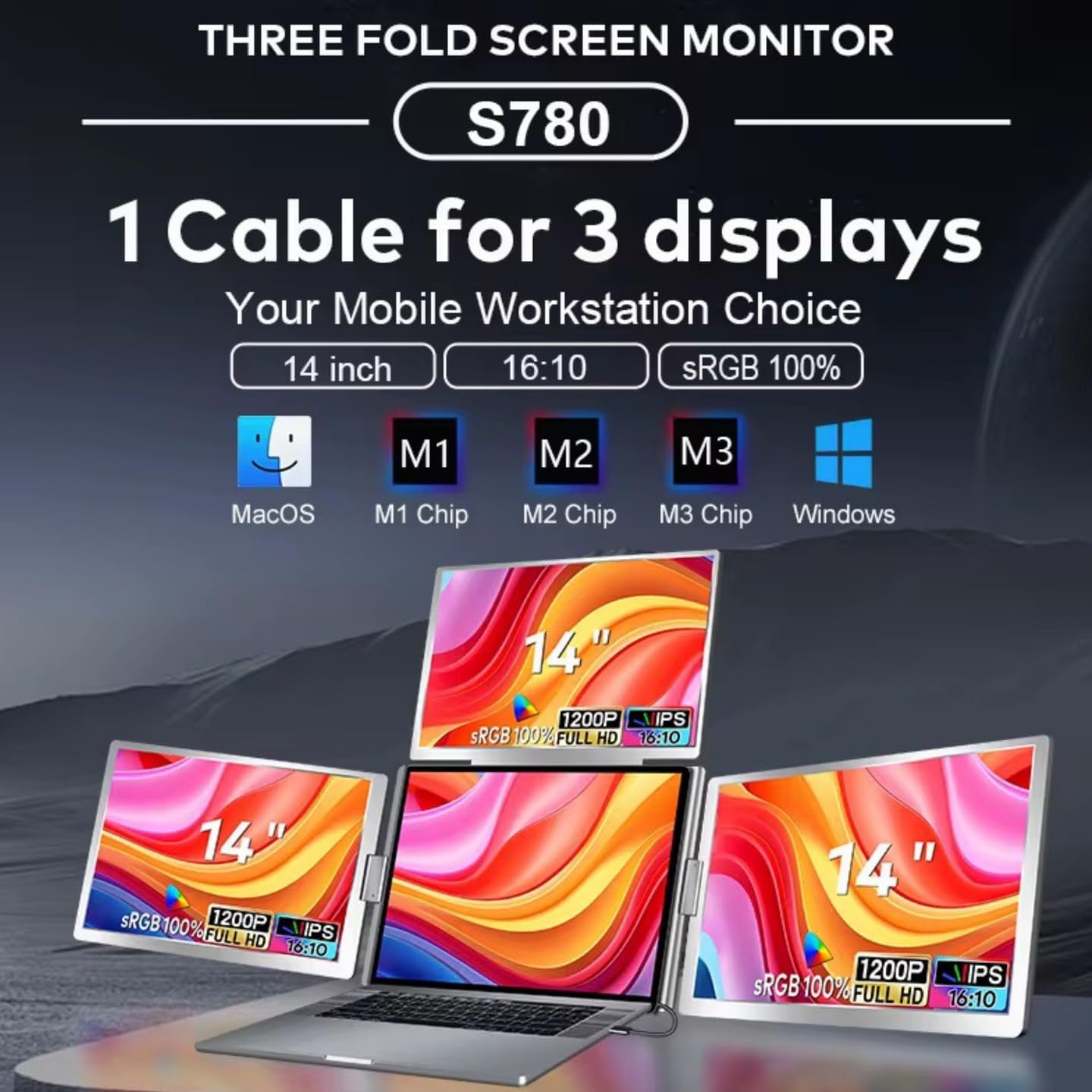 TUTT 14” Triple Portable Monitor | Single Cable Setup 16:10 Ratio | Laptop Quad Screen Extender | S780 | 90-Minute Tech Support