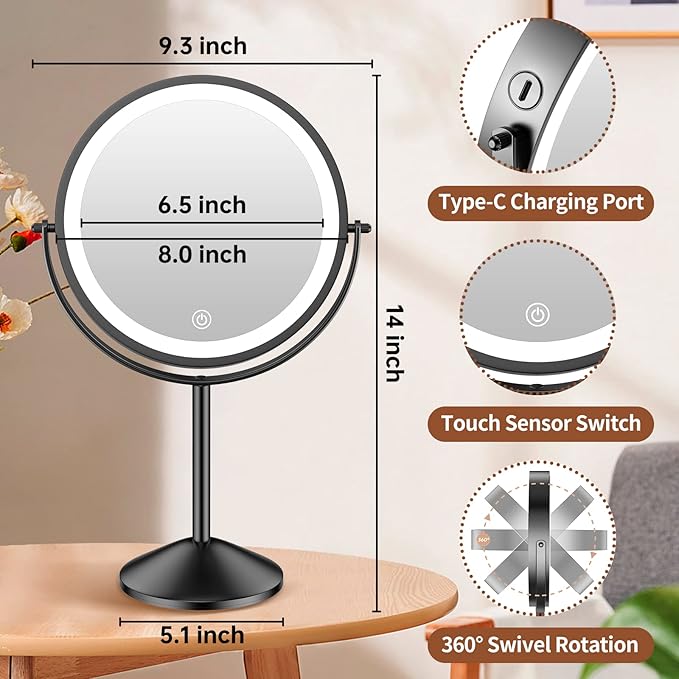 Espejo de Maquillaje con Luz Benbilry 8 Pulgadas, 3 Colores, 1X/10X, Recargable miniatura 3