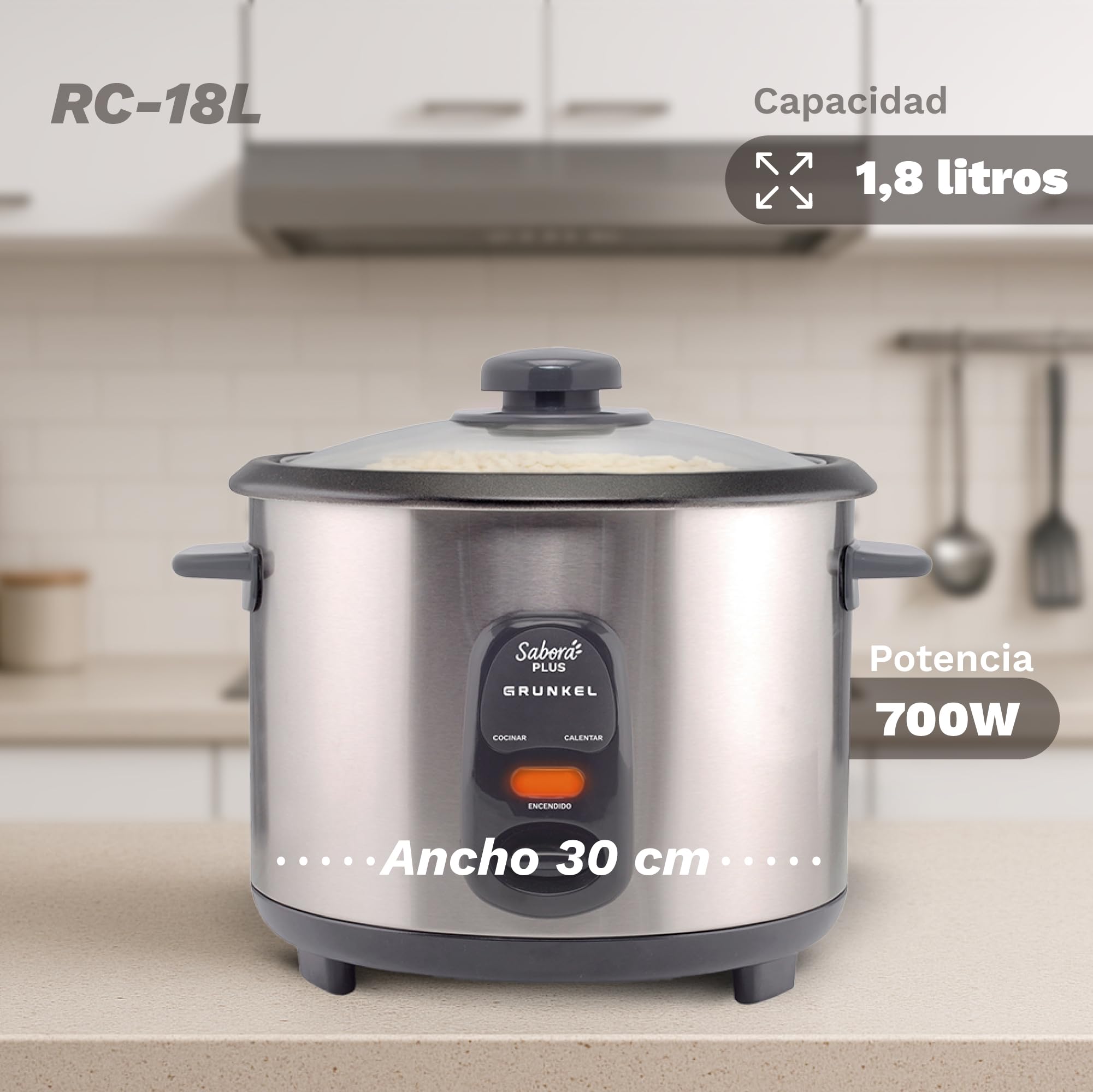 GRUNKEL - Arrocera Eléctrica RC-18L 700W | Capacidad 1,8 Litros | Función Mantener Calor | Cubeta Antiadherente | Exterior Acero Inoxidable | Indicadores Luminosos