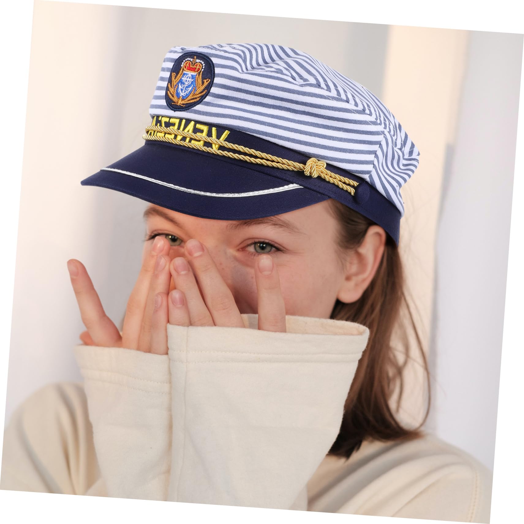 Didiseaon Cappello da Marinaio Cosplay 2 Pezzi in Cotone, Regolabile | Visiera Curva, Ricamo Blu a Righe, per Party e Viaggio, Taglie Adulto 58cm e Bimbo 54cm