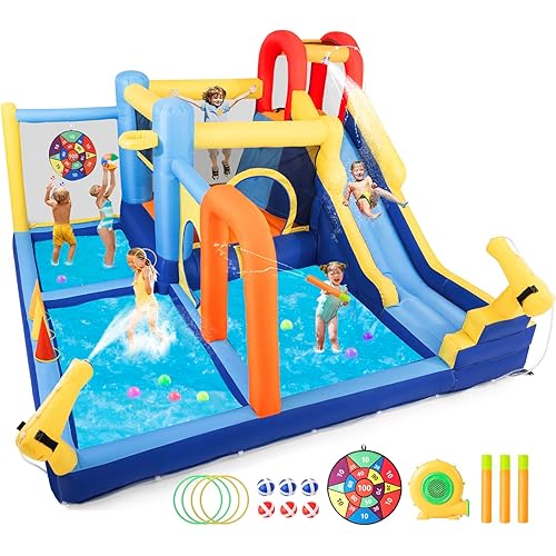 JOYLDIAS Inflatable Water Slide,Water Park Bounce House,Slide Bouncer Castle Playhouse w/Splash Pool, Climbing Wall, Trampoline，Felt Ball Target, Ring Toss Game for Kids Outdoor Fun, 550W Air Blower