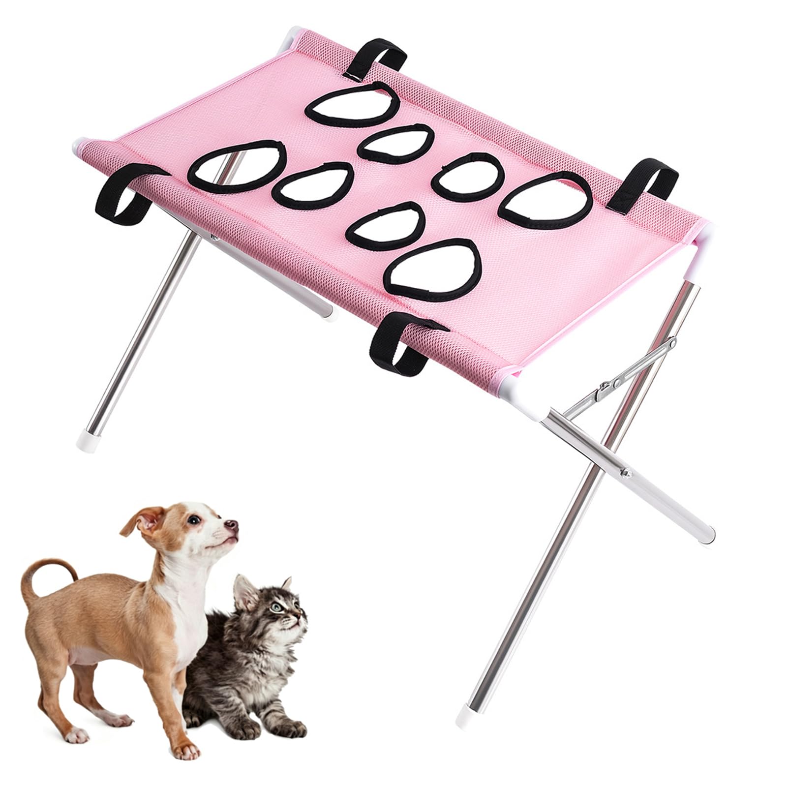 Foldable Pet Grooming Hammock Washing Station with Safety Strap, 4/8-Hole for Small Cats & Dogs, for Bathing Nail Trimming Ear Cleaning, Holds Pets up to 40 Lbs，Pink1