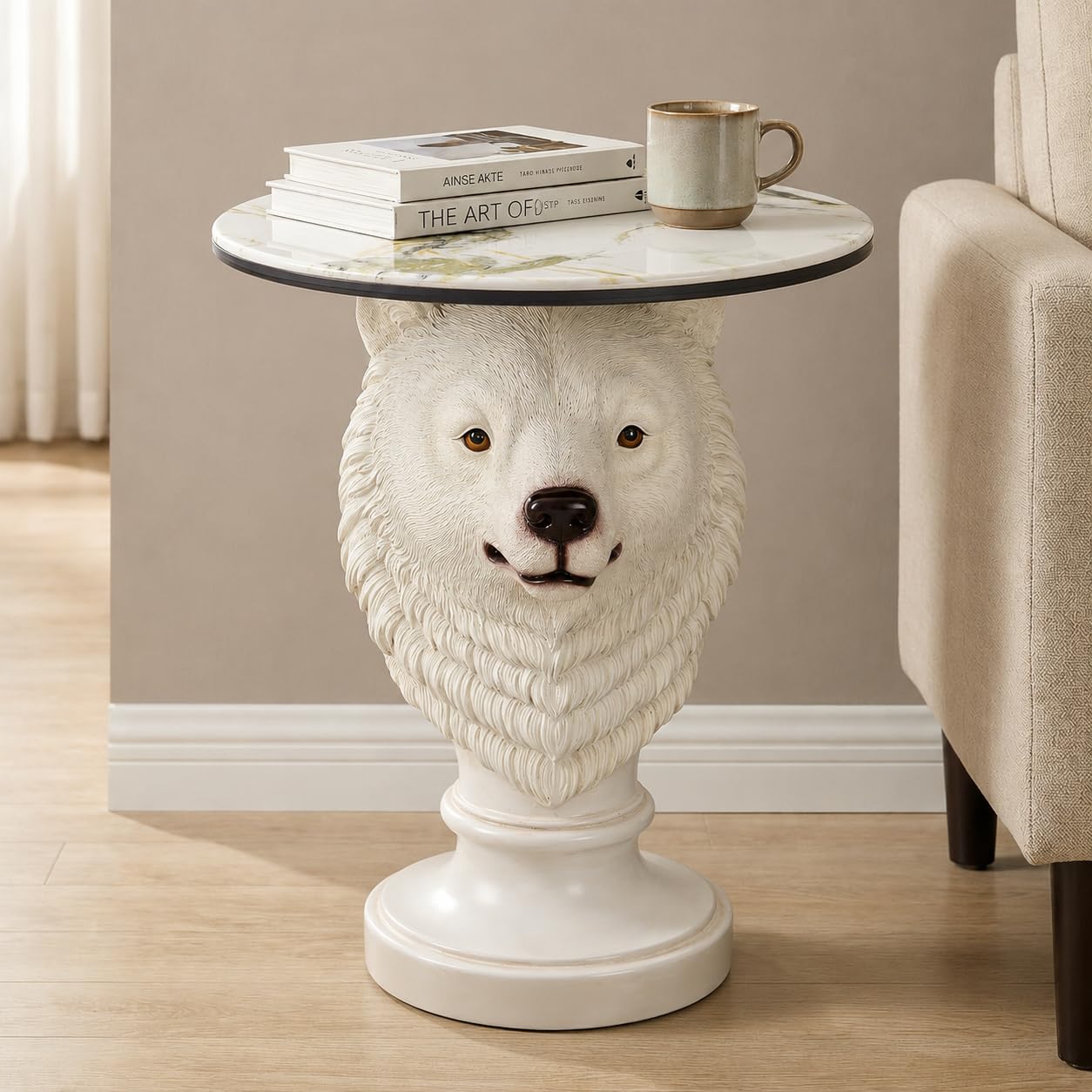 Bear Head Accent Side Table with Faux Marble Top