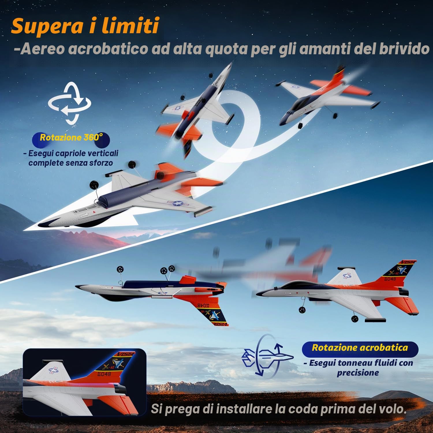 DEERC - Aereo RC in Stile F16 (X-62A Vista), Aereo a 4 Canali Telecomandato, Jet di Controllo Remoto con Stabilizzatore a 6 Axi Gyro, EPP RTF, Modellino di Aliante per Hobby, Facile da Pilotare, per
