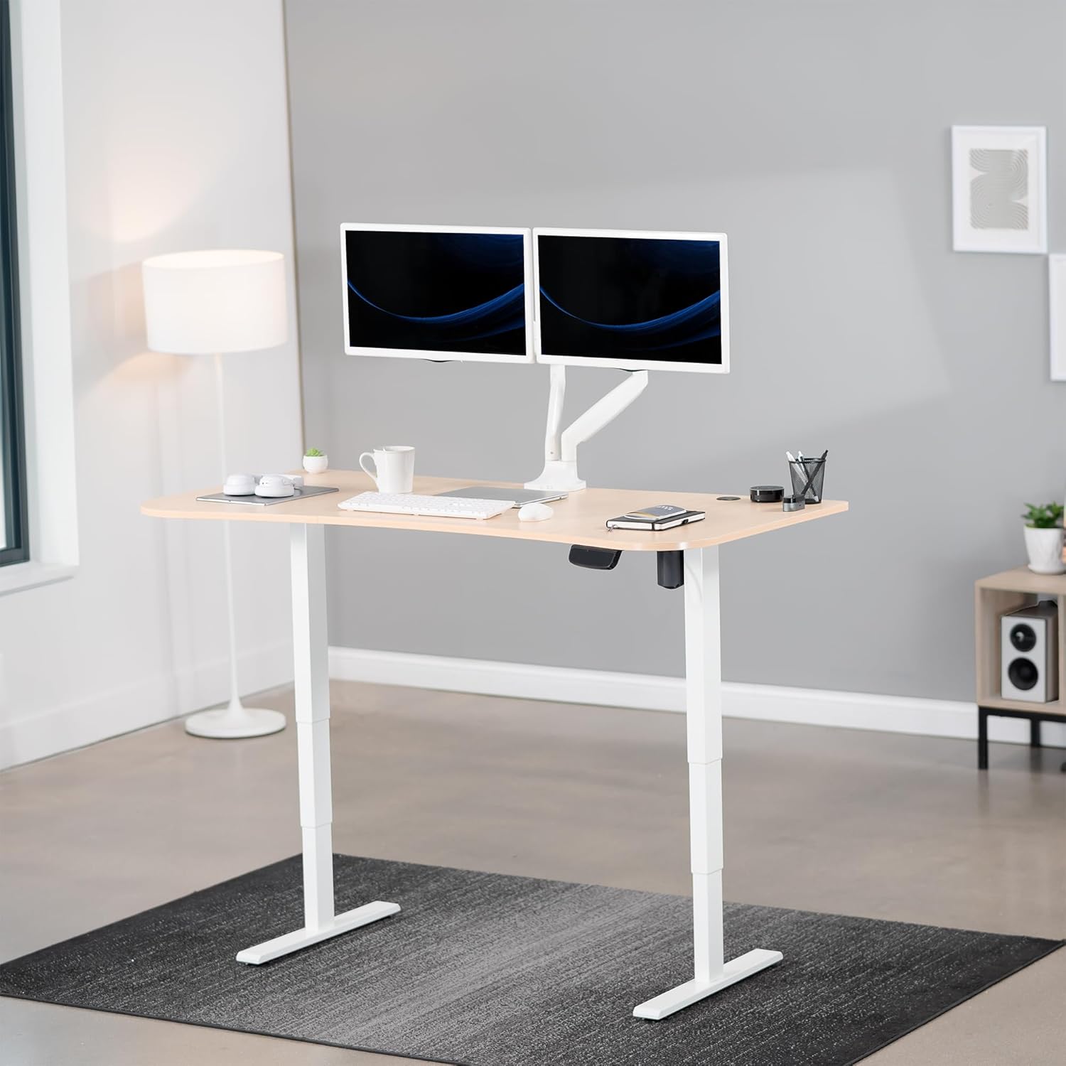 VIVO Electric 63 x 32 in Standing Desk, Memory Height Adjustment, 176 lb Frame Support, 2E Series, Light Wood Top White Frame, DESK-KIT-2EWC