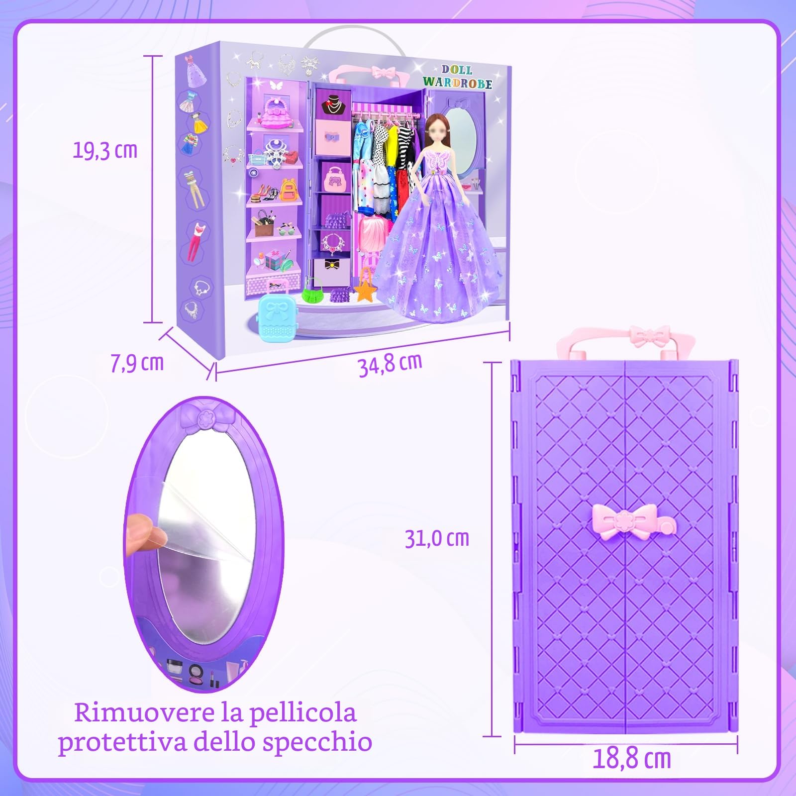 65 Vestiti e accessori per Bambole con Armadio per Bambole da 11,5 pollici - Set di Bambola di Design Inclusi Abiti da Sposa e Vestiti di Moda Top e Pantaloni per Ragazze (include la bambola)