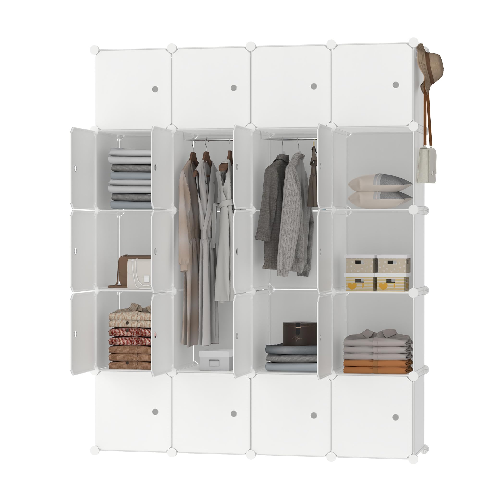 HENGMEI Kleiderschrank DIY Regalsystem Aufbewahrung Schrank, PP-Kunststoff mit Tür Garderobenschrank, Wasser und Staubdicht für Schlafzimmer Badezimmer (20 Boxen, Weiß)