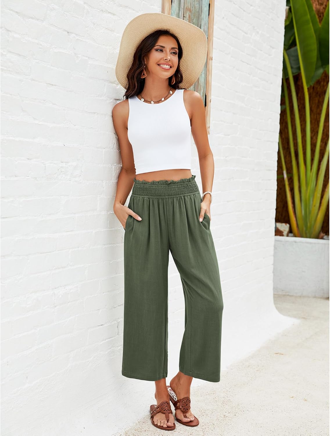 GRAPENT Capri Pants for Women High Waisted Wide Leg Linen Palazzo Trousers Pull On Elastic Smock Waist Loose Flowy Pants - Image 3