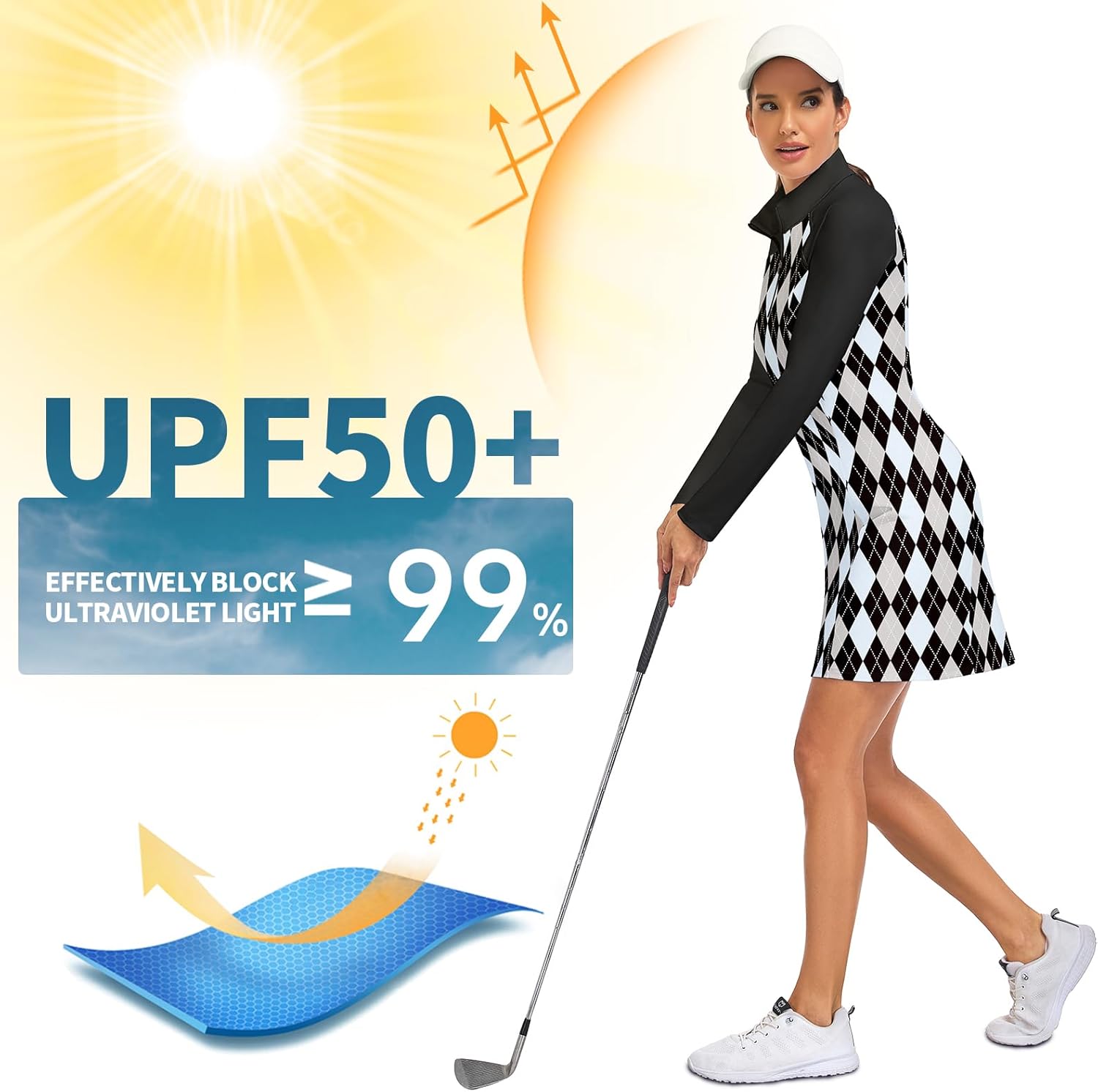 WOWENY Women's Tennis Dress Long Sleeve Golf Dresses with Shorts Zip Front Golf Outfits UPF 50+ Workout Athletic Dresses
