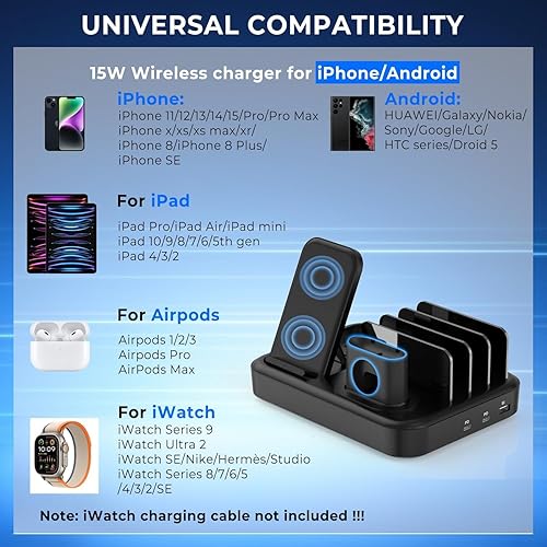 Miniatura 8 de Estación de carga inalámbrica rápida de 20Wx 2 PD para múltiples dispositivos Apple, 67 W, 6 puertos, teléfono tableta, 6 en 1, base de carga USB