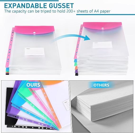 Lychico Plastic Wallets A4 Punched Pockets (12 Pack), 11 Holes Expandable Binder Folders for 2/3/4 Ring Document Pouch with Snap Button & Label Loose-Leaf Transparent for Office School Home