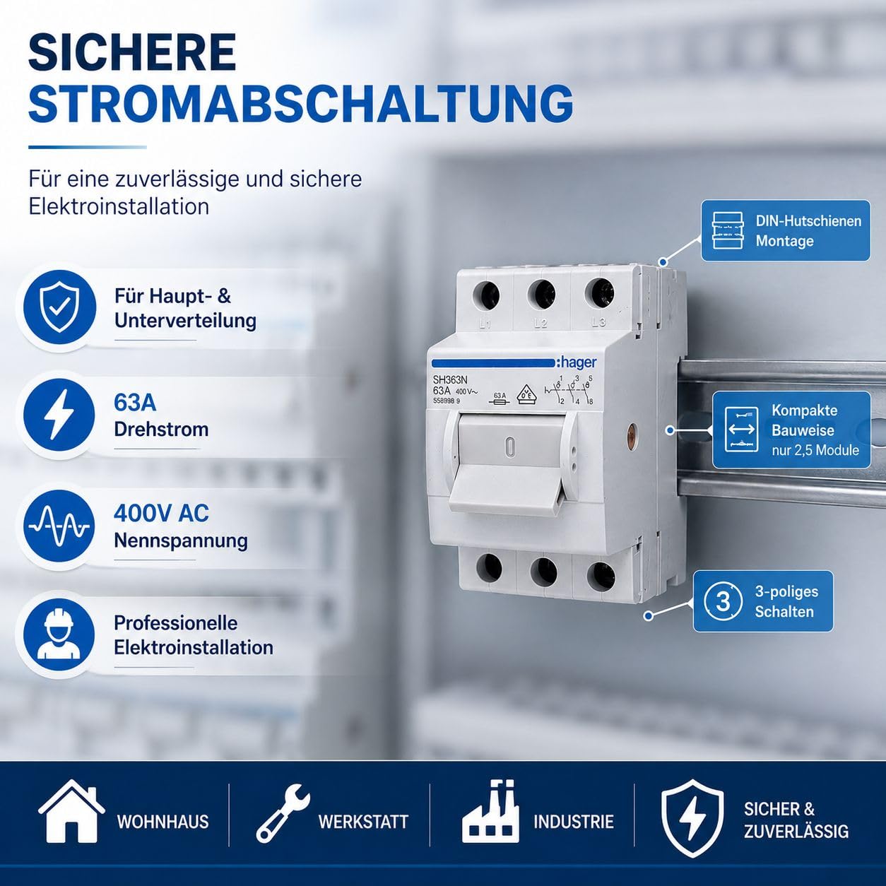 Hager SH363N Hauptschalter 63A 3-polig für Hutschiene, Ausschalter 400V AC, Kompaktschalter für Unterverteilung Hauptverteilung Schaltschrank DIN-Schiene 35mm 3x63 Ampere
