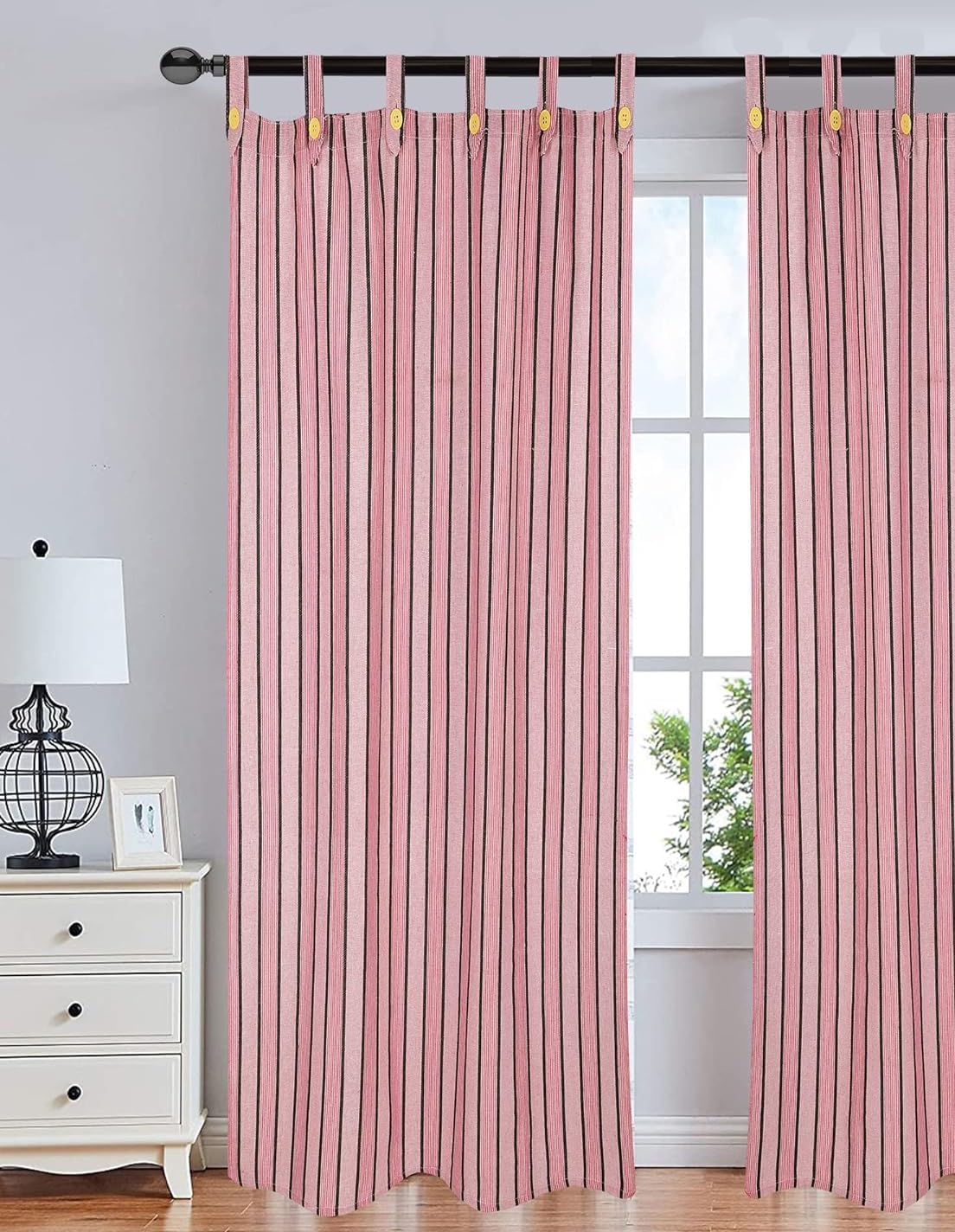 5 Feet Multi Striped Cotton Non Blackout Light Filtering Semi-Darkening Easy Install Button Closure Type Tab Top Loop Window Curtain, Pack of 1 (Pastel Pink)-image-42