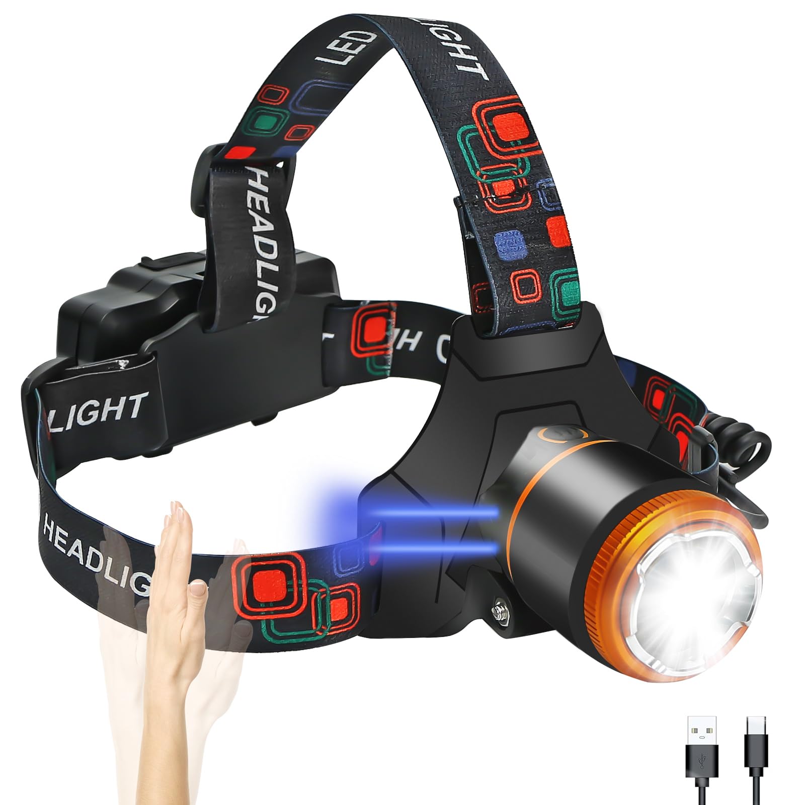 Linterna frontal LED recargable 12000 mAh, 90° inclinable con 4 modos de luz y detector de movimiento, IPX6 resistente al agua para correr, camping, pesca, senderismo, bicicleta.