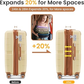 Luggage Sets Expandable PP Lightweight Hardshell Suitcase 360Double Spinner Wheels TSA Lock, 3 Piece Set(14/20/24/28), Apricot Cream