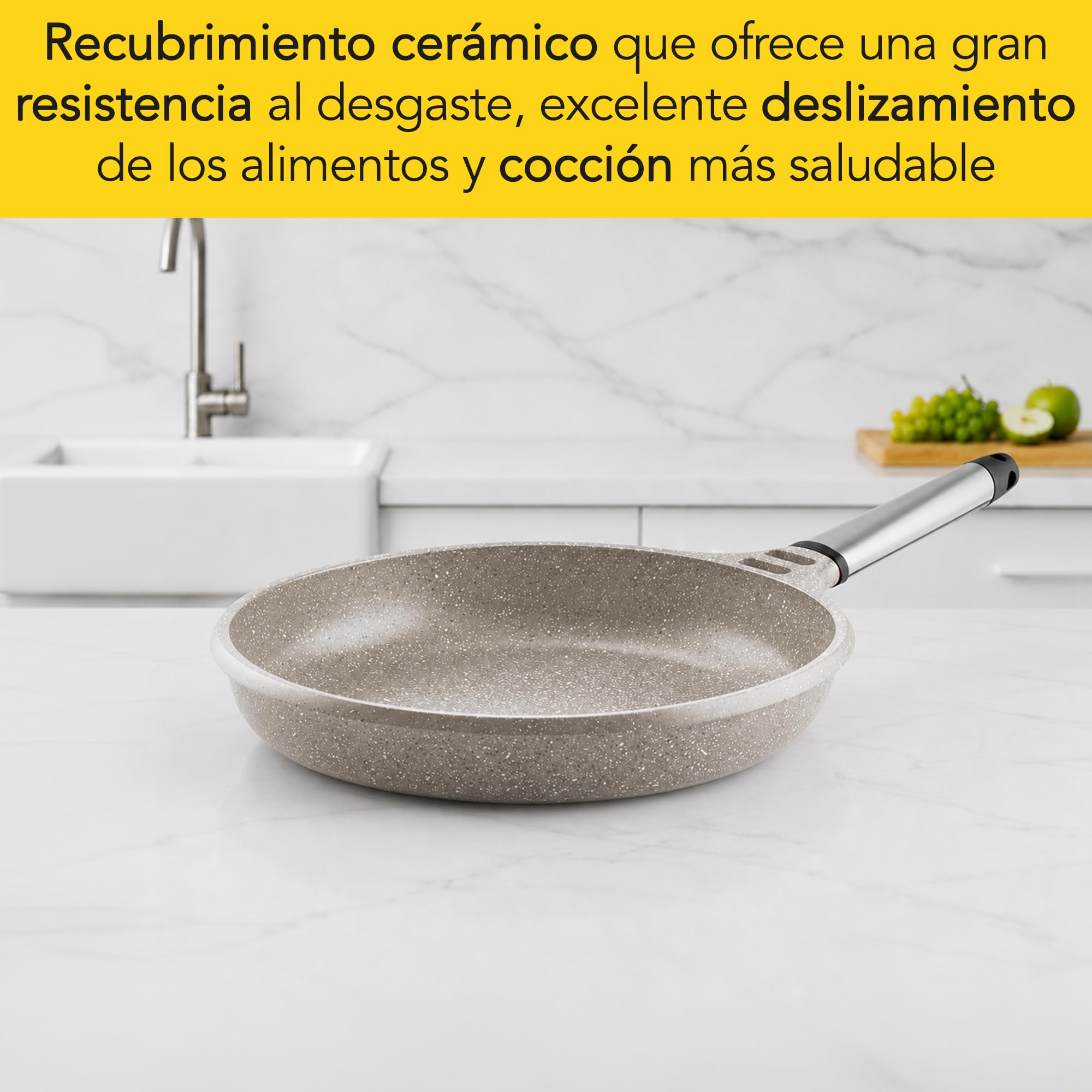 Castey - Sartén Stone Ceramic 24 cm, Acabado Gris, Mango Desmontable de Madera Natural, Aluminio Fundido, Antiadherente Cerámico Durion PFAS Free, Full Induction, Apta para Todas las Cocinas