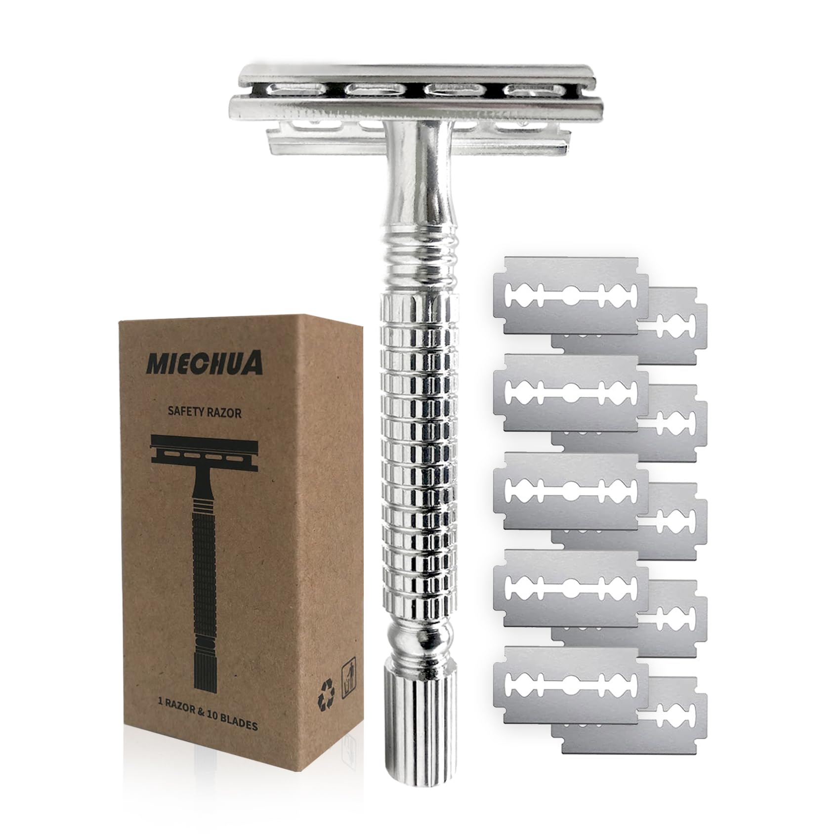 Safety Razor for Men and Women, Reusable Metal Razors, with 10 Platinum Safety Razor Blades, Face Razors for Men Shaving, Sustainable Hair removal and shaving cleaning tools, Metallic Silver