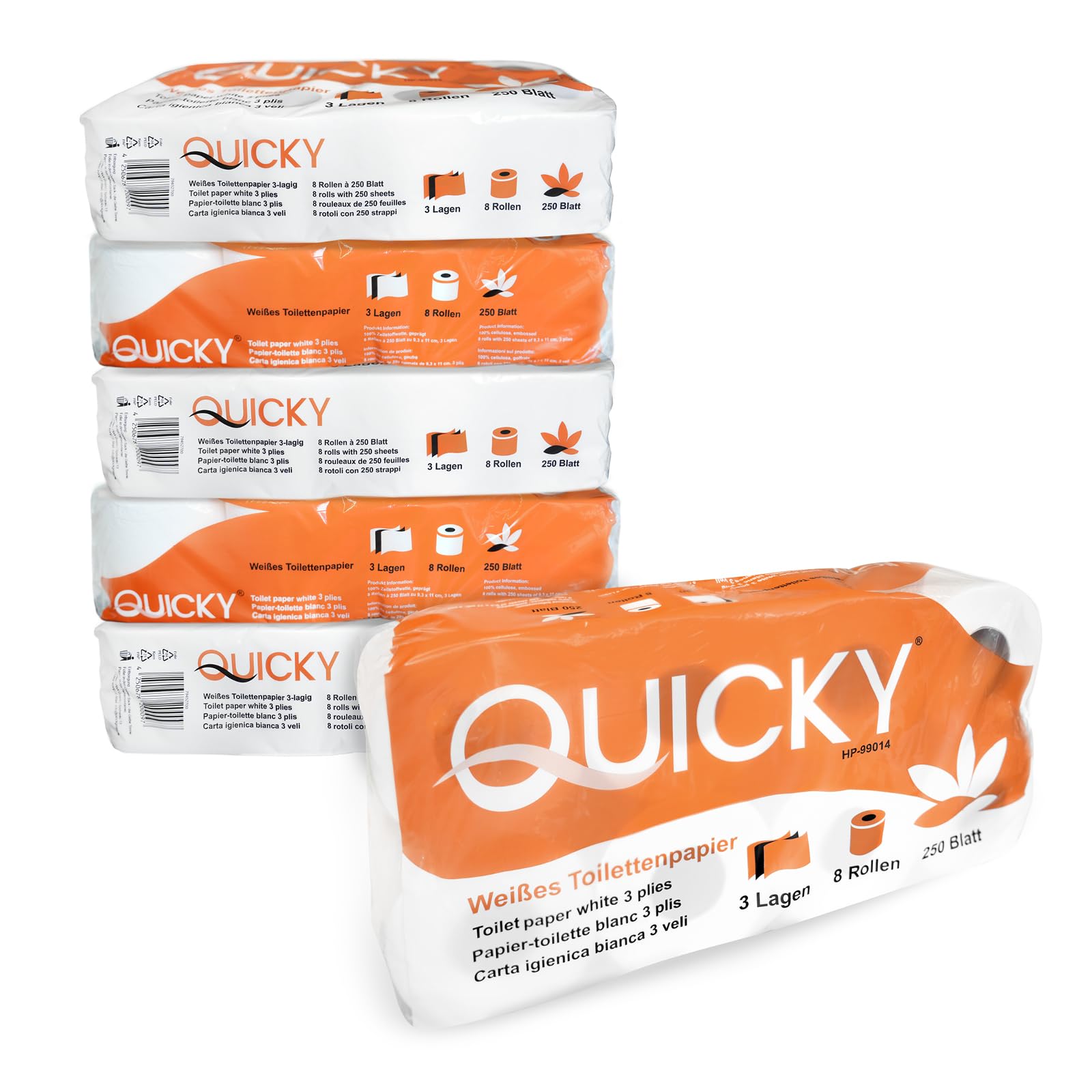Quicky Papier toaletowy z wytłoczonym motywem, 48 rolek papieru toaletowego, opakowanie na zapasy, bardzo miękki i odporny na rozerwanie, wykonany z wysokiej jakości super białej celulozy, 3-warstwowy, 250 arkuszy (6 x 8 rolek)