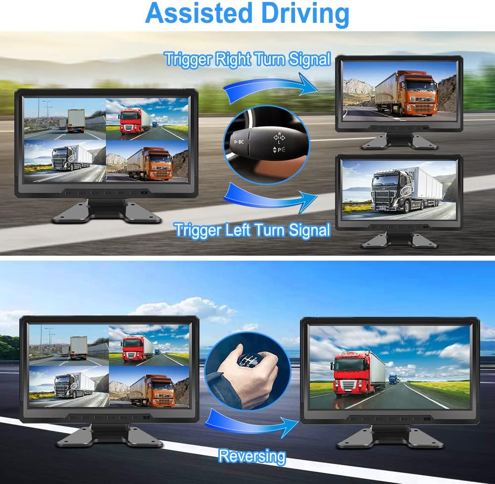 VSYSTO H10 monitor showing different split-screen configurations for multiple cameras