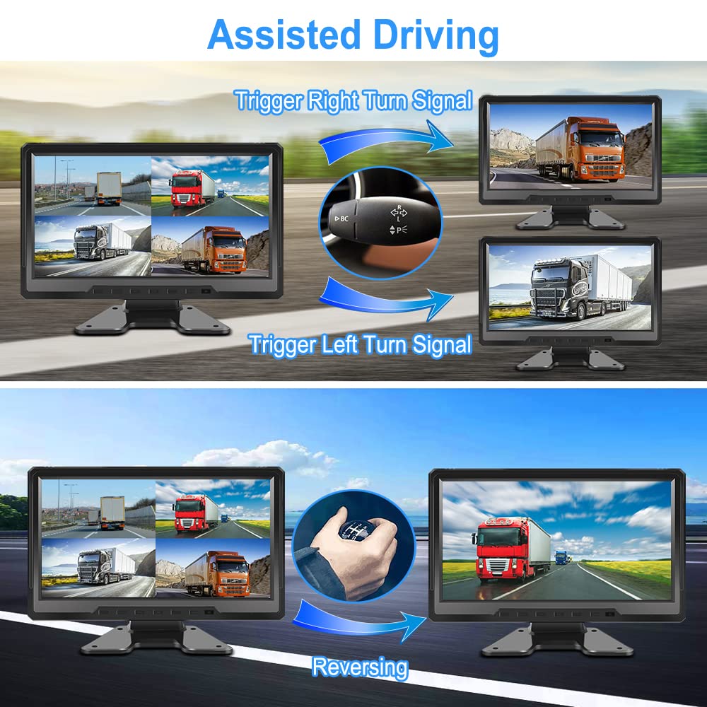 VSYSTO 4CH HD 1080P Camion Dash Cam, 10.1 '' Monitor Veicolo Backup Camera per Semi Trailer Van Trattore RV, Front & Sides & Rear Cam, GPS, Lente di Visione Notturna Infrarossa, Sensore di Temperatura