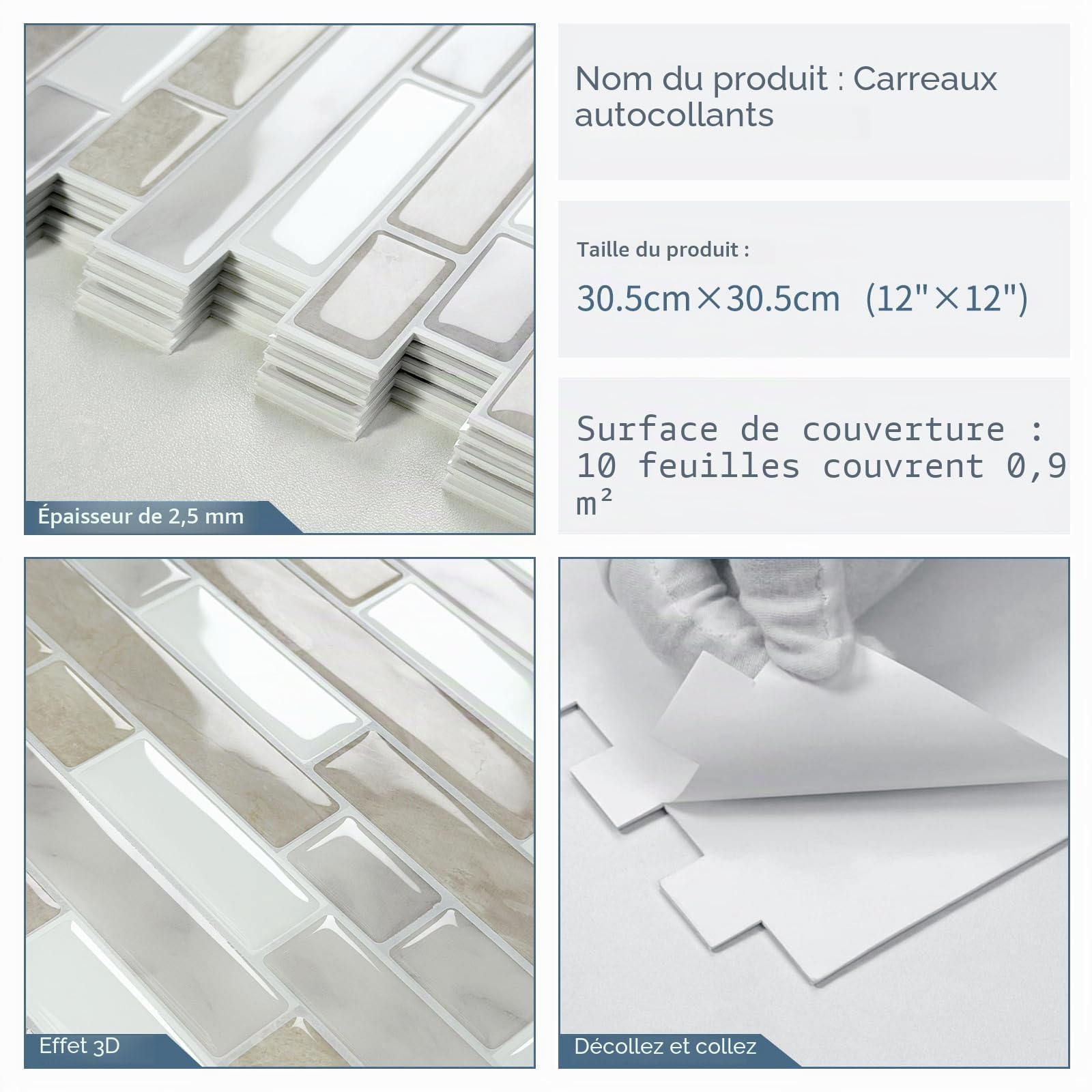 Credence Carreaux Adhesive 3D Marbre Faux Carrelage Autocollant Mural Beige 30.5x30.5cm