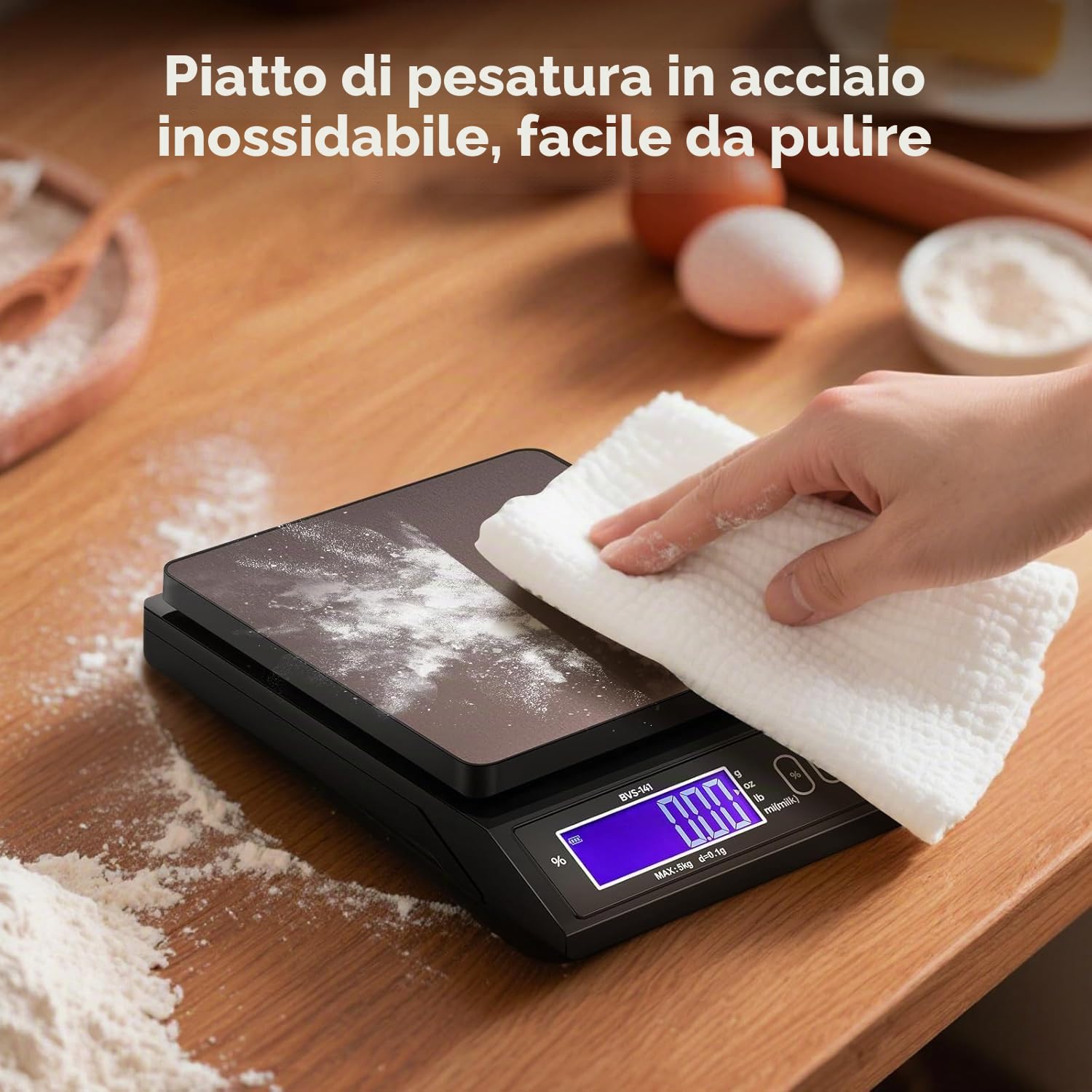 Bonvoisin 0.1 gr/ 5 kg Bilancia Cucina Digitale con Funzione Percentuale e Tara, Pesatura in Grammi, Libbre e Once, Alta Precisione Pesa Alimenti per Cucinare per Candele, Saponi e Pane