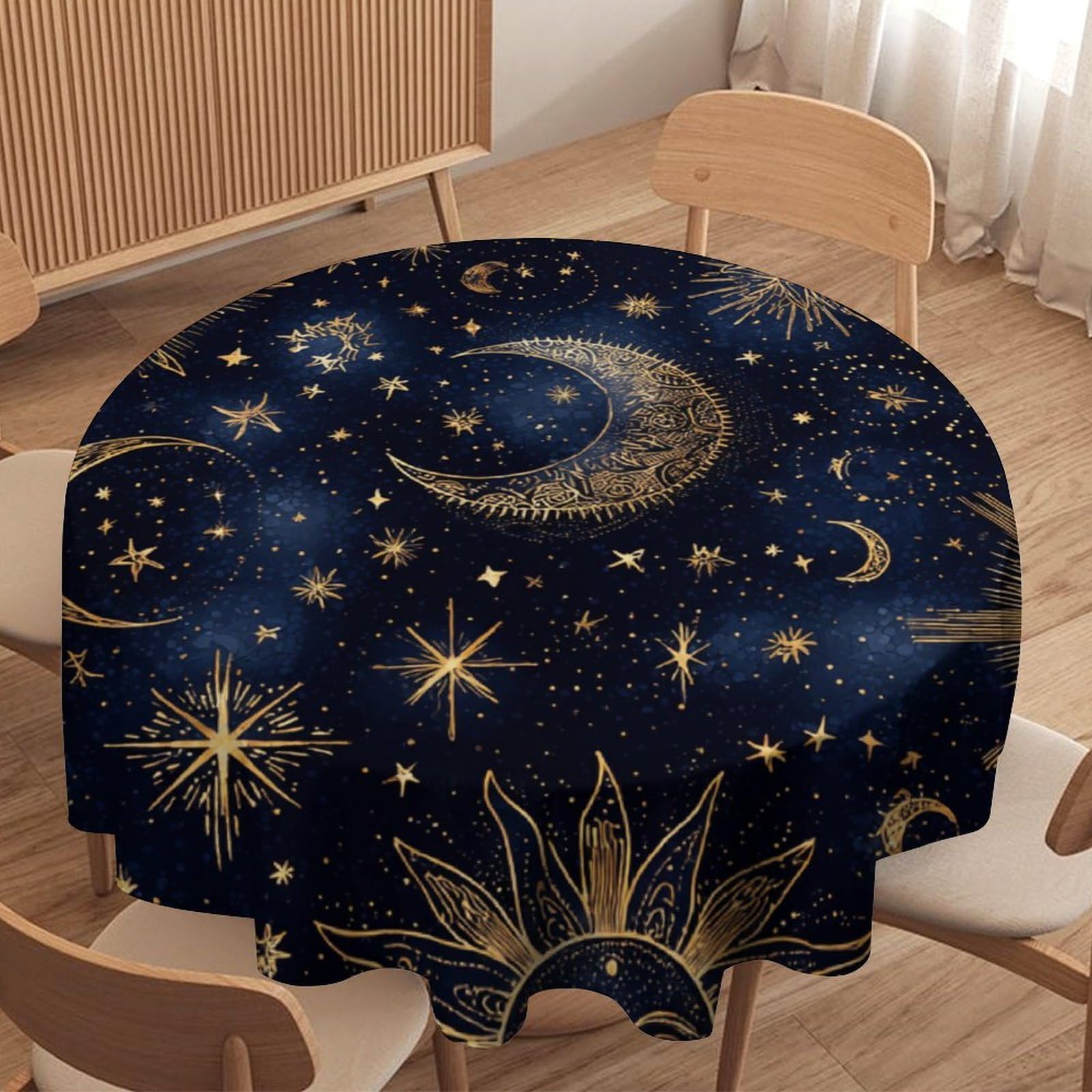 LUYYSKY Beautiful Abstract Moon Sun Waterproof Round Tablecloth Rustic Classic Constellation Galaxy Blue Gold Pattern Washable Table Cover for Kitchen-127 Wx127 L cm