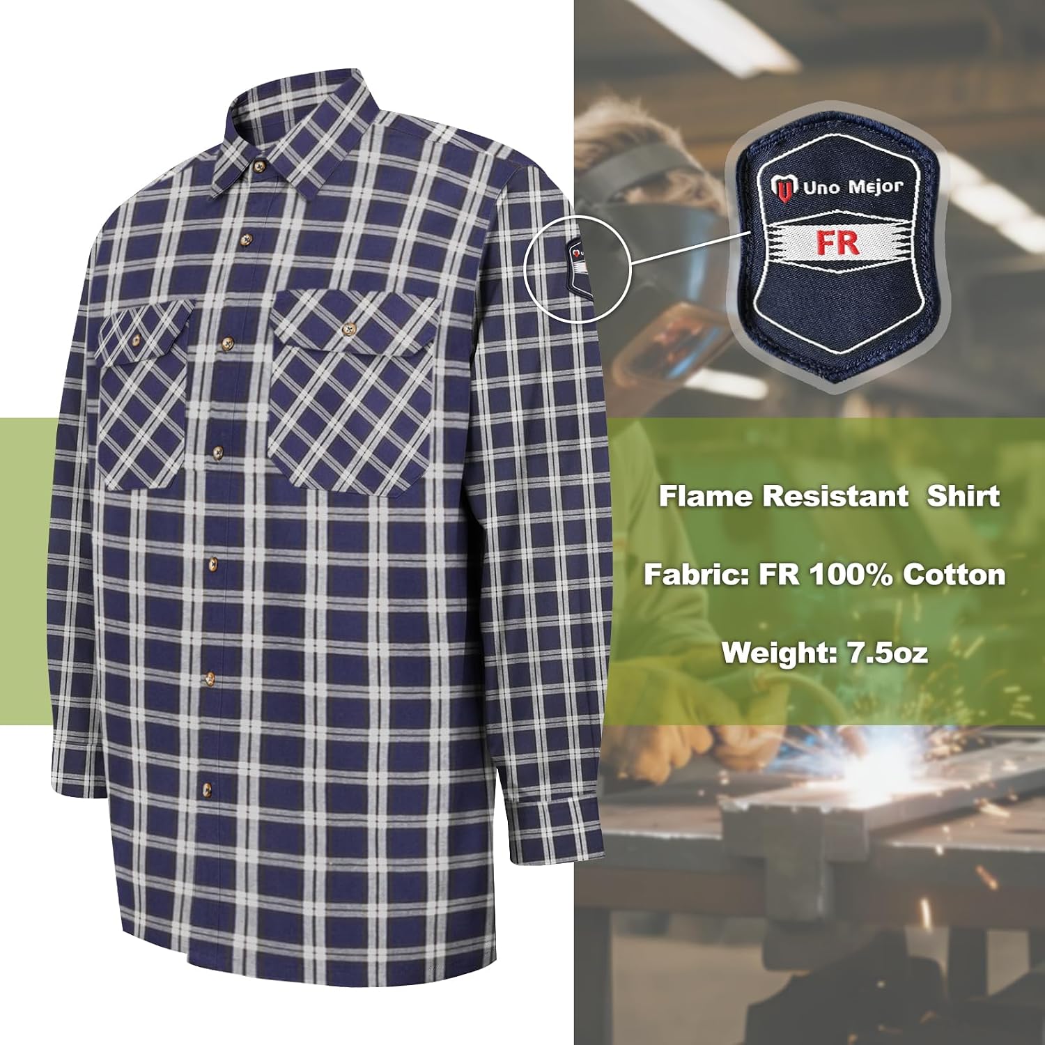 Welding Shirt 6.25oz FR Shirts for Men, 100% C Flame Resistant Welding Jacket for Work, Men's Fire Retardant FR Clothing for Men, Durable Welding Accessories, Navy-Plaid M image 3