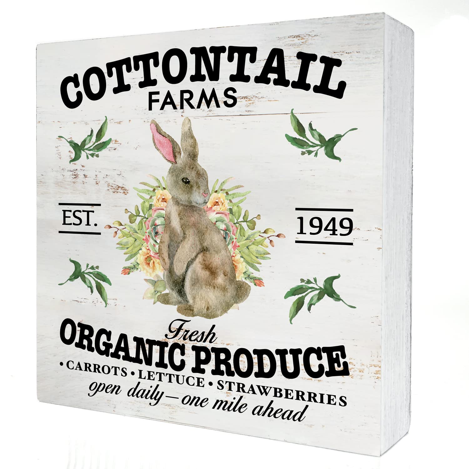 Cottontail Farms Easter Wood Box Sign Home Decor Rustic Spring Easter Bunny Wooden Box Sign Block Plaque for Wall Tabletop Desk Home Decoration
