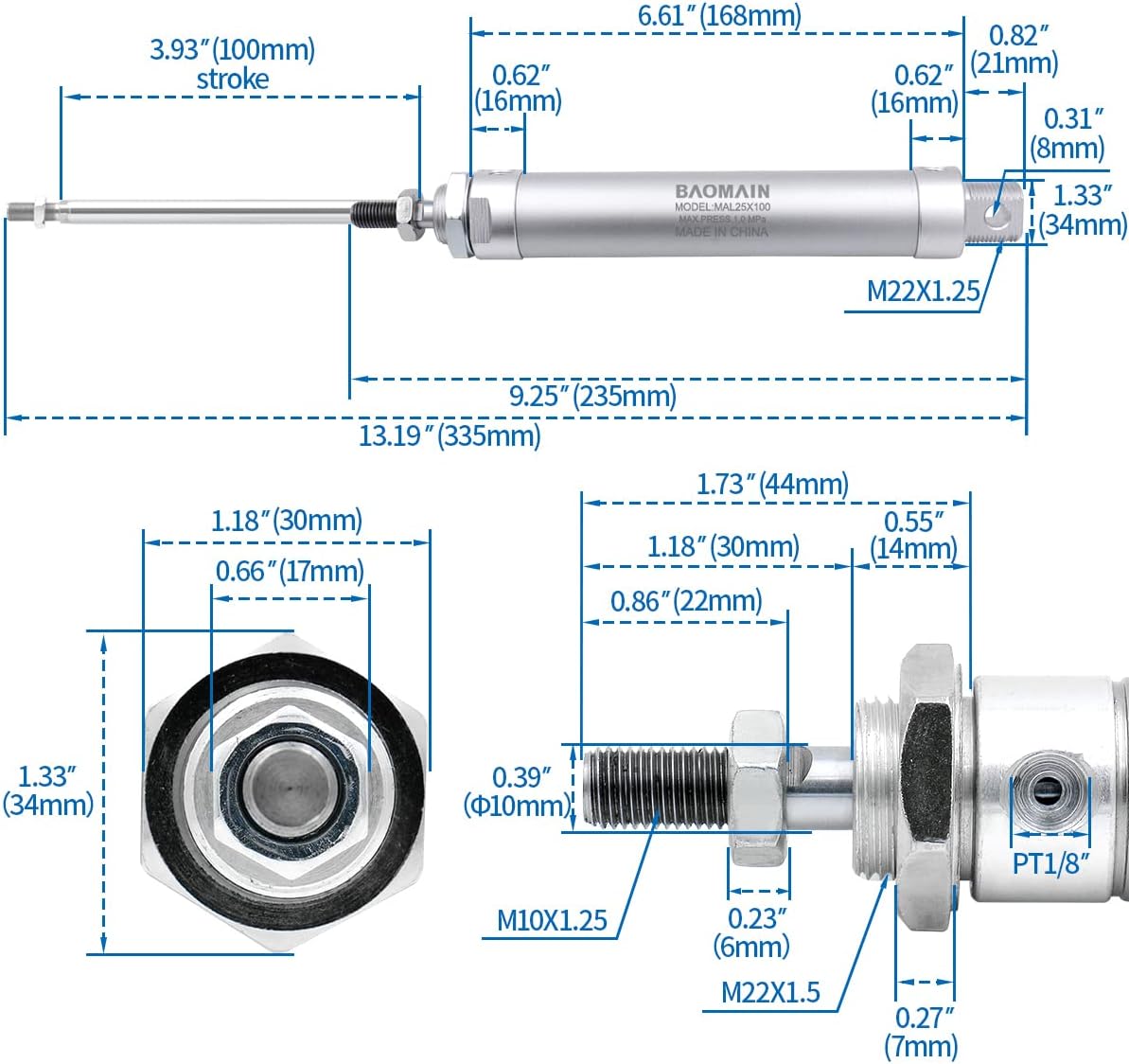Dimensional drawing of Baomain MAL 25 X 100 Pneumatic Air Cylinder