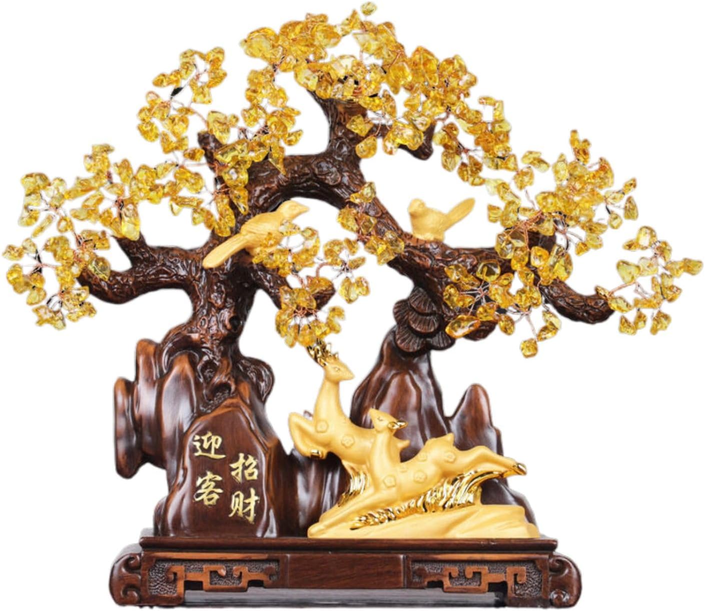 黄水晶发财树摇钱树招财对鹿摆件 Feng Shui Figurine Home Office Decor Chinese Gifts 家居客厅酒柜装饰品乔迁新居礼品 8437