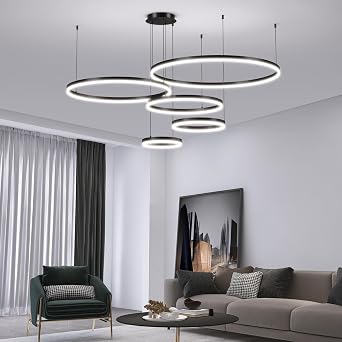 Mikeru Dimmable Hanging Pendant Light 5 Ring, 30+40+60+80+100cm Black Modern LED Kitchen Pendant Light 10% to 100% 3000K/4500K/6500K Modern Adjustable Ceiling Lights for Living Room [Energy Class A]