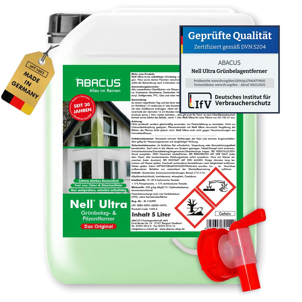 ABACUS® Nell Ultra Grünbelagentferner & Algenentferner Konzentrat, extrem stark! Entfernt Grünbelag & Algen selbsttätig ohne zu Schrubben – für Stein, Fassade, Terrasse, Dach – Nell Ultra 5 Liter