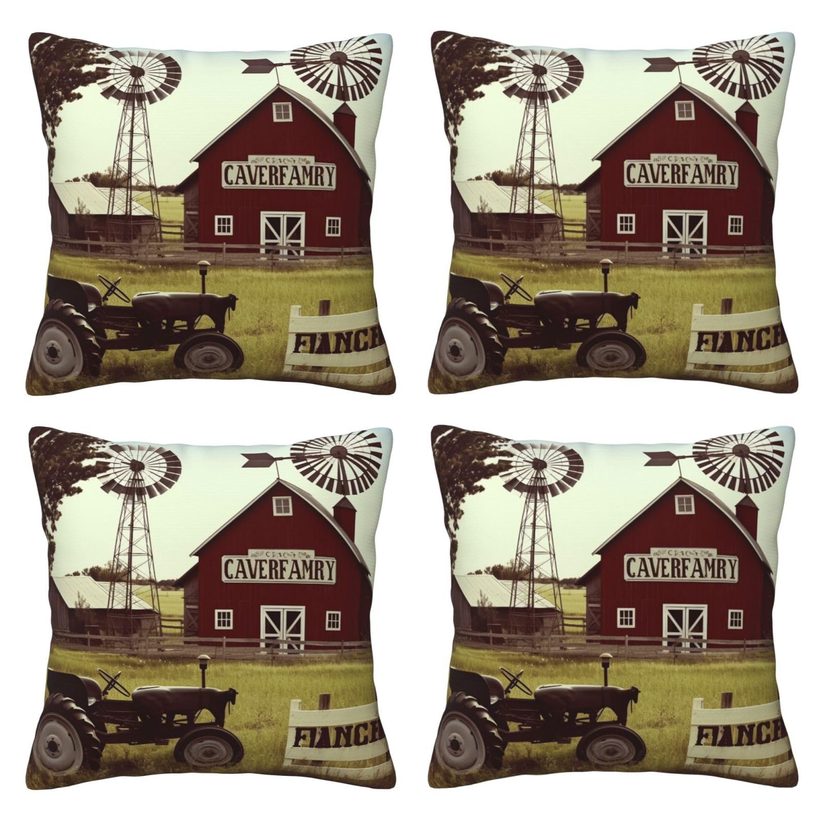 Farm Houses Windmill Tractor Throw Pillow Cases 4 Pack Square Pillowcases Super Soft Pillow Protectors With Zipper for Couch Livingroom Sofa Bed Office Car,30x30 CM