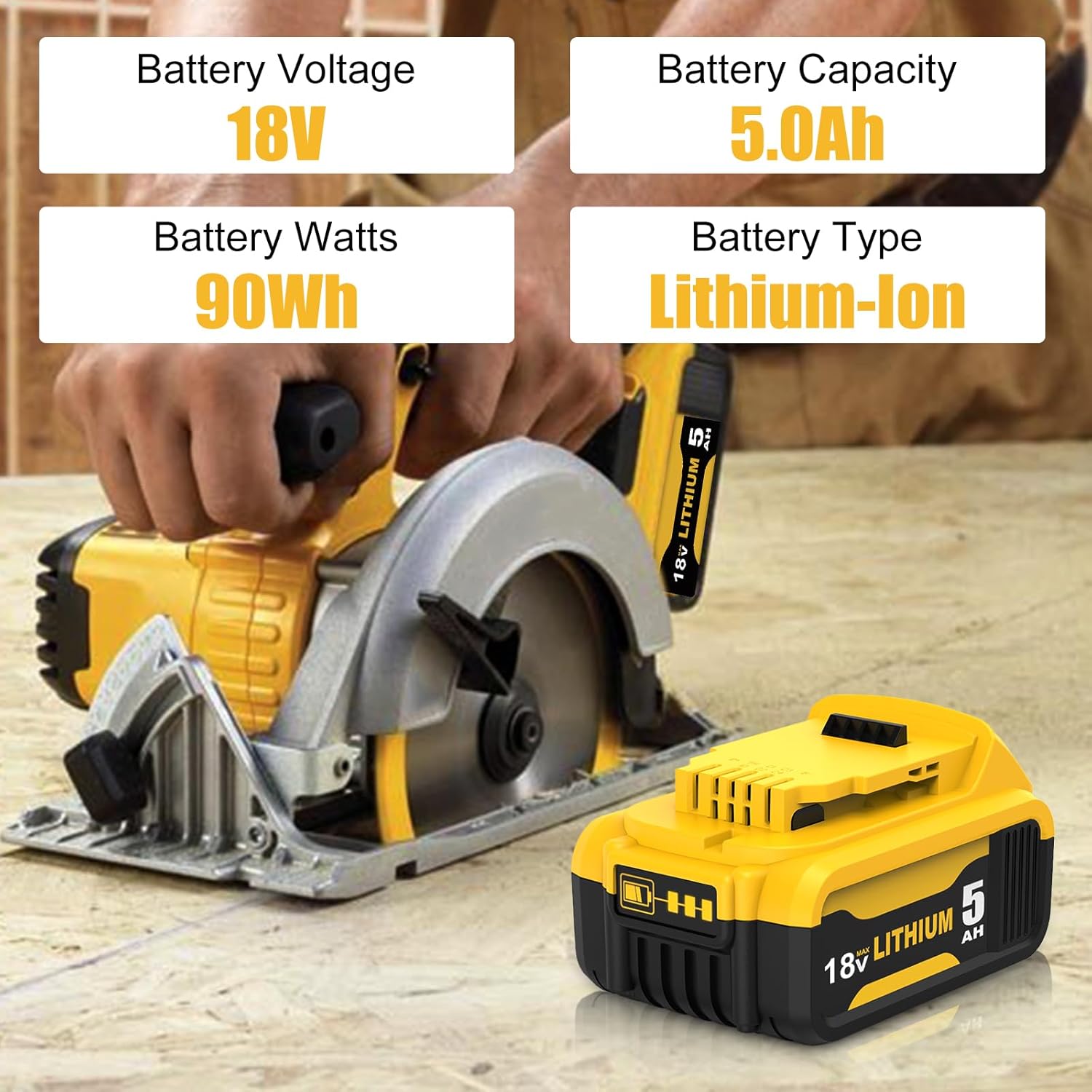 4pcs 5000mAh Remplacement pour Dewalt Batterie 18V DCB180 DCB181 DCB182 DCB184 DCB200 DCB201 DCB204 avec indicateur LED — vue 2