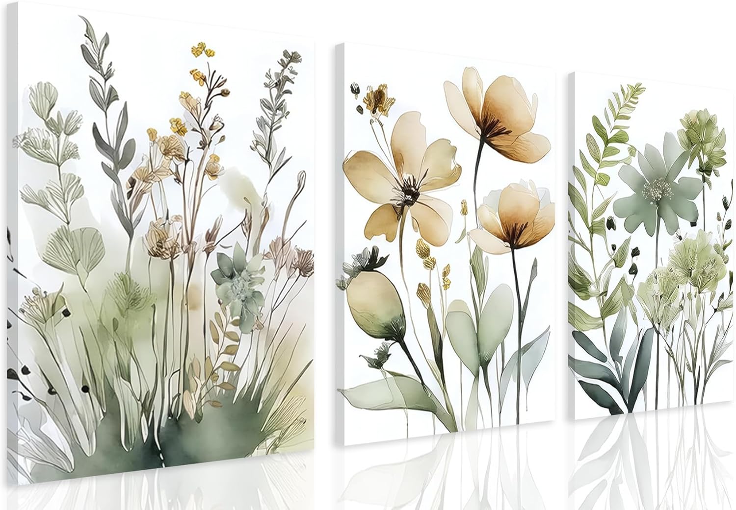 Sage Green Botanical Wall Art Set of 3 Boho Floral Art Wall Decor Minimalist Flower Posters Prints Pictures for Living Room Bedroom Bathroom or Entryway Decoration12x16 Inch Framed