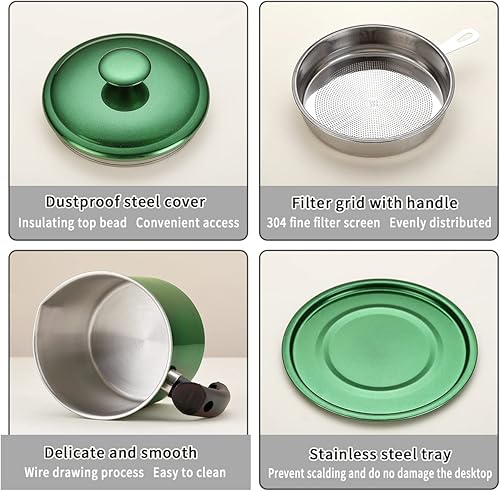 Miniatura 8 de Kyraton Contenedor de grasa de tocino con colador, recipiente de aceite de revestimiento verde brillante de metal de 48 onzas, almacenamiento de