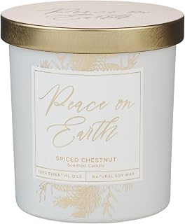 Christian Art Gifts Inspirational All Natural Soy Wax Essential Oil Infused Scented Christmas Candle in Glass Jar: Peace on Earth, White Frosted, Gold Metal Lid, Cotton Wick, Spiced Chestnut Scent