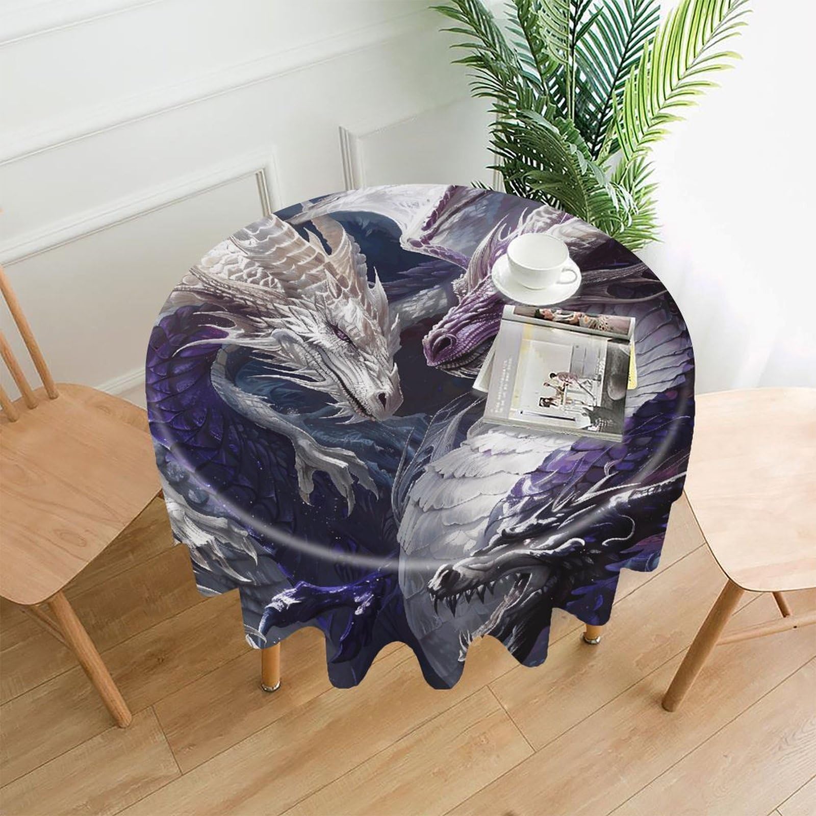MUSM 60 Inch Purple and White Dragons Round Tablecloth Wipeable Washable Table Cover for Kitchen and Dining Room Decorative Table Cloth for Party Holiday Picnic Outdoor