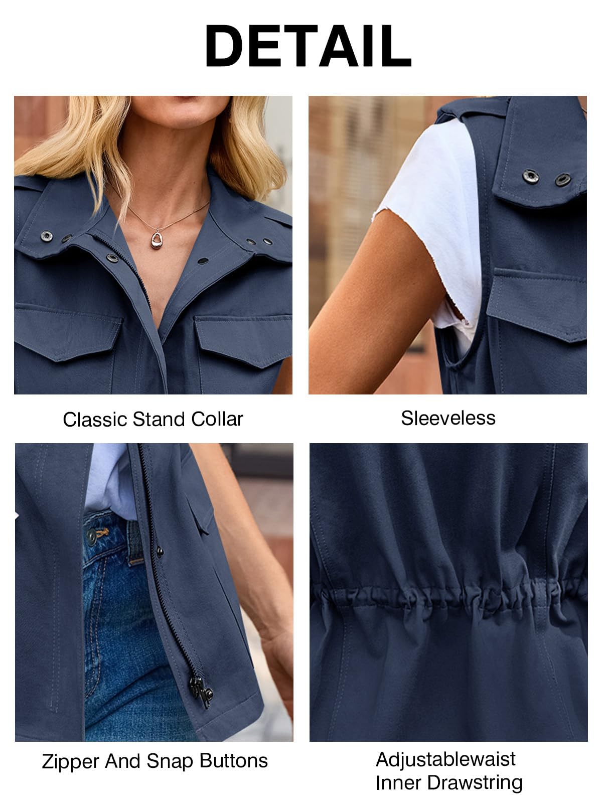 Imily Bela Chaleco cargo sin mangas para mujer, parka de entretiempo, chaqueta corta con bolsillos y cordón, chaleco de primavera y verano, ropa exterior