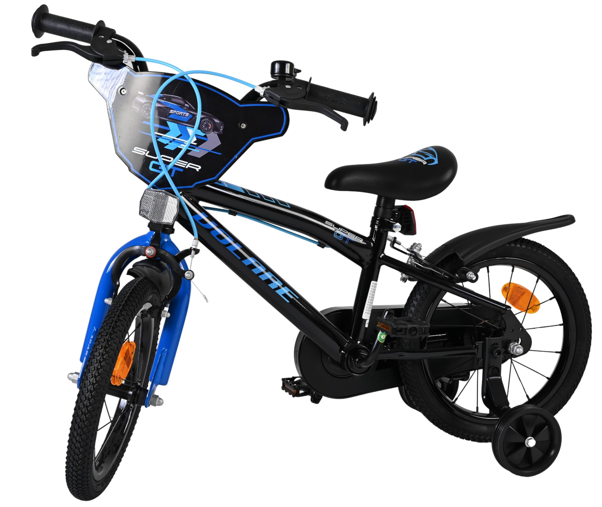Volare Super GT Kinderfahrrad blau 14 Zoll | 3,5–5 Jahre | 2 Handbremsen, Stützräder, Kettenschutz, Reflektoren | Verstellbarer Sattel | Geschenk für Jungen & Mädchen