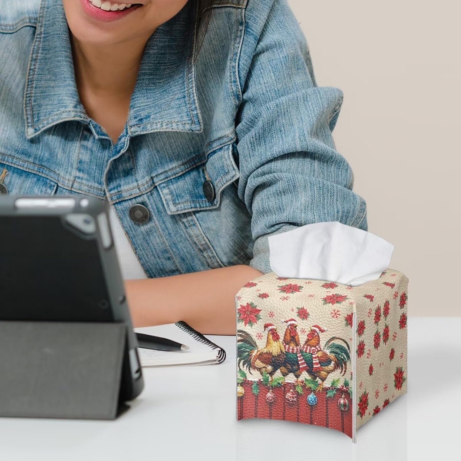 Rooster Square PU Leather Tissue Box Cover Portable Tissue Box Holder with Bottom Belt Waterproof Facial Paper Organizer Dispenser for Bathroom Gift for Holiday image 4