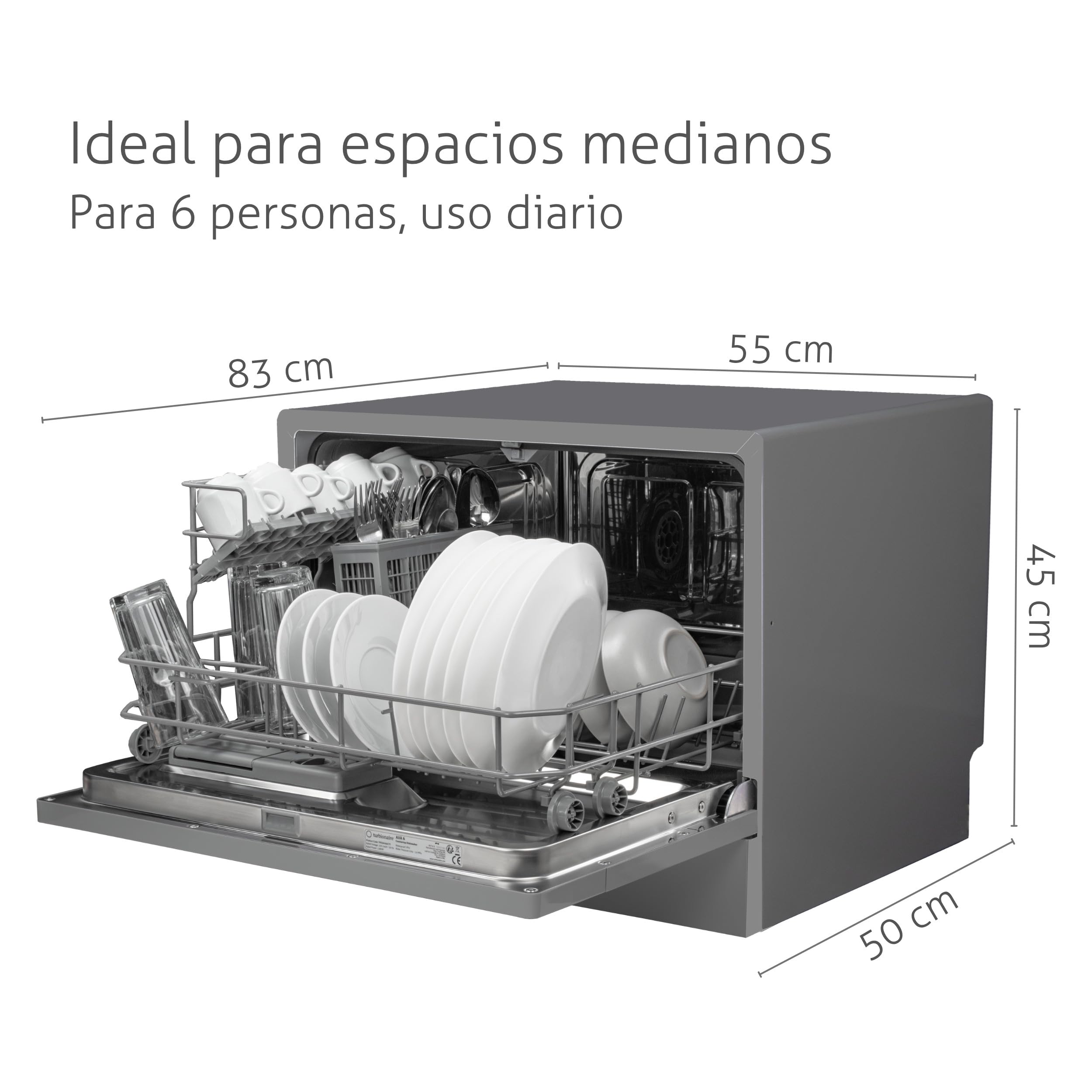 Lavavajillas compacto Turbionaire AVA 6 TPDSAVA6CTG, 6 servicios, 6 programas, modo Eco, descalcificador de agua, lavado 360°, función Restart, 55 cm, Gris