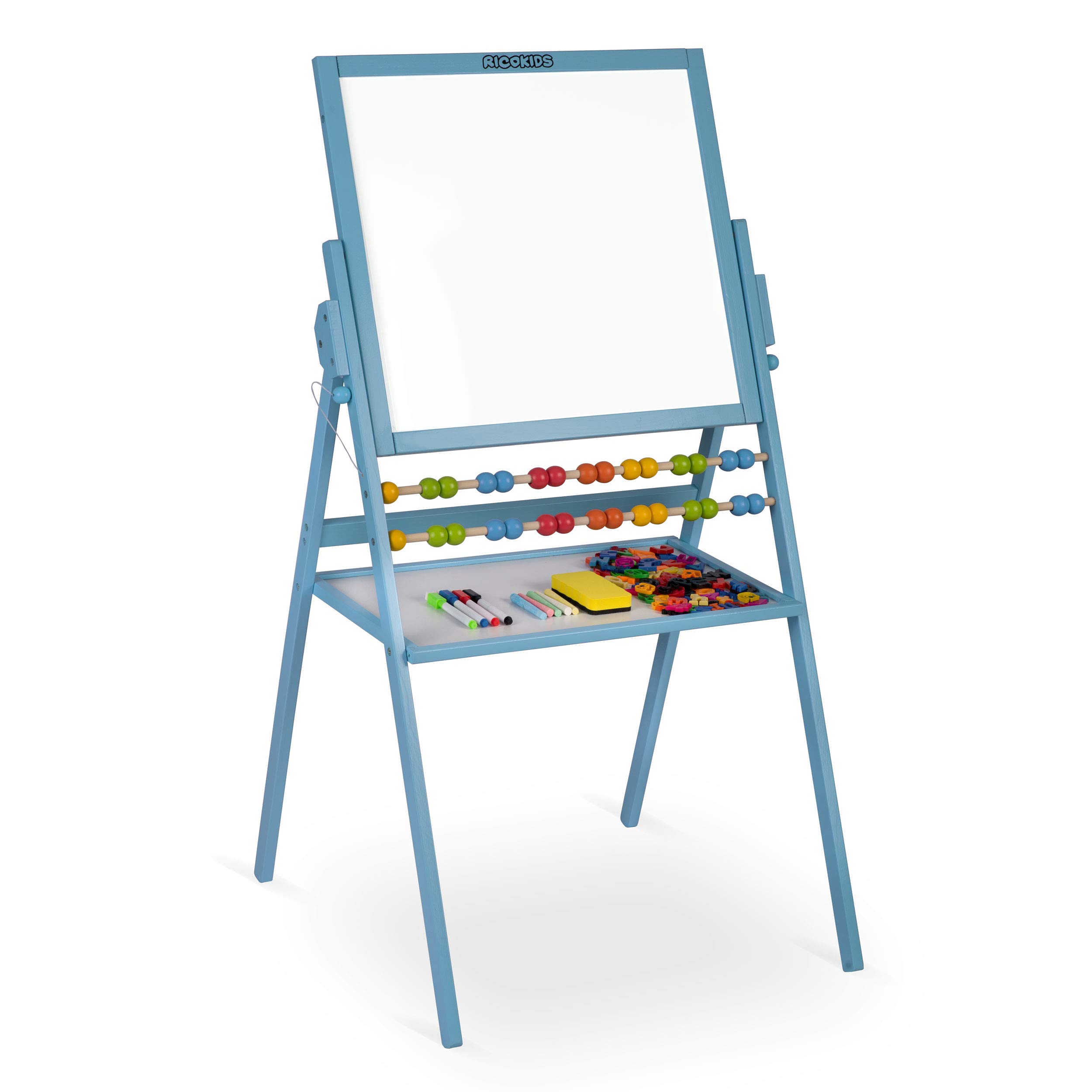 Tableau de jeu pour enfants - Tableau blanc magnétique et tableau à craie - Chevalet en bois Ricokids (bleu)