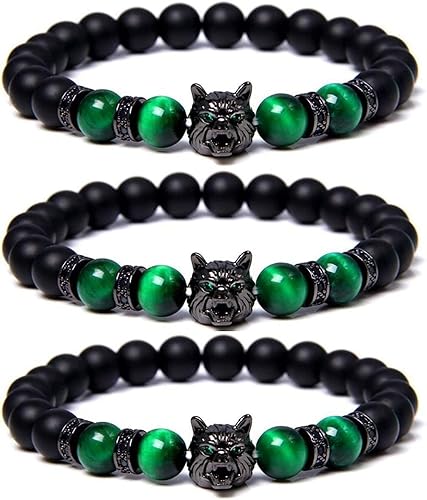 Save A Wolf - Pulsera ajustable con cuentas de piedra energética y piedra de lava, con cristales curativos para aliviar el estrés y la ansiedad,
