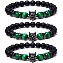 Save A Wolf Bracelet,Wolf Head Lava Rock Bracelet,Healing Crystal Stress Relief Anti Anxiety Energy Stone Beaded Bracelet,Adjustable Bracelet for Men Turquoise
