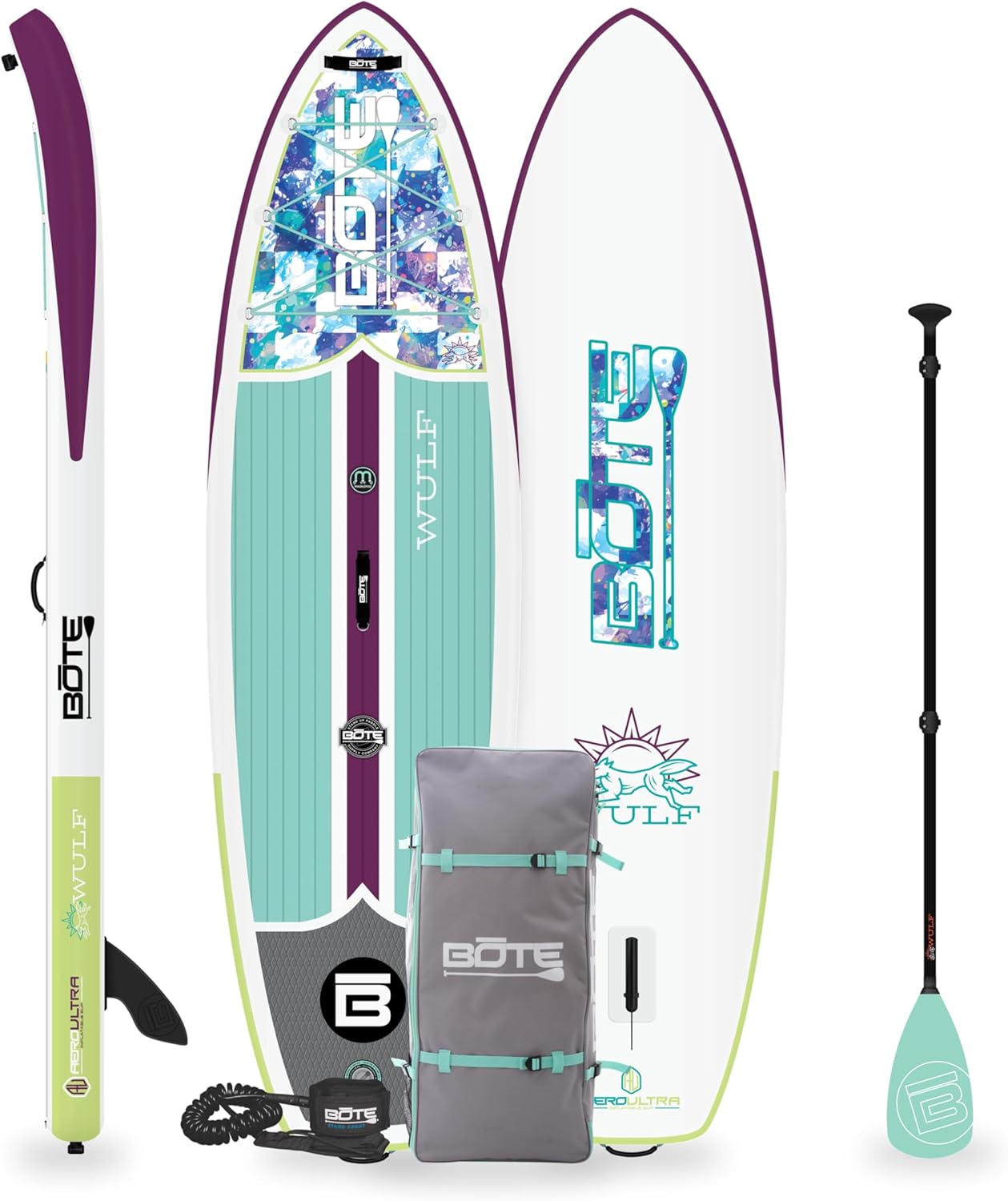 BOTE Wulf Aero Inflatable Stand Up Paddle Board Kit Includes Accessories Adjustable Paddle iSUP Travel Bag Blow Up Pump Safety SUP Coiled Leash Multiple Sizes