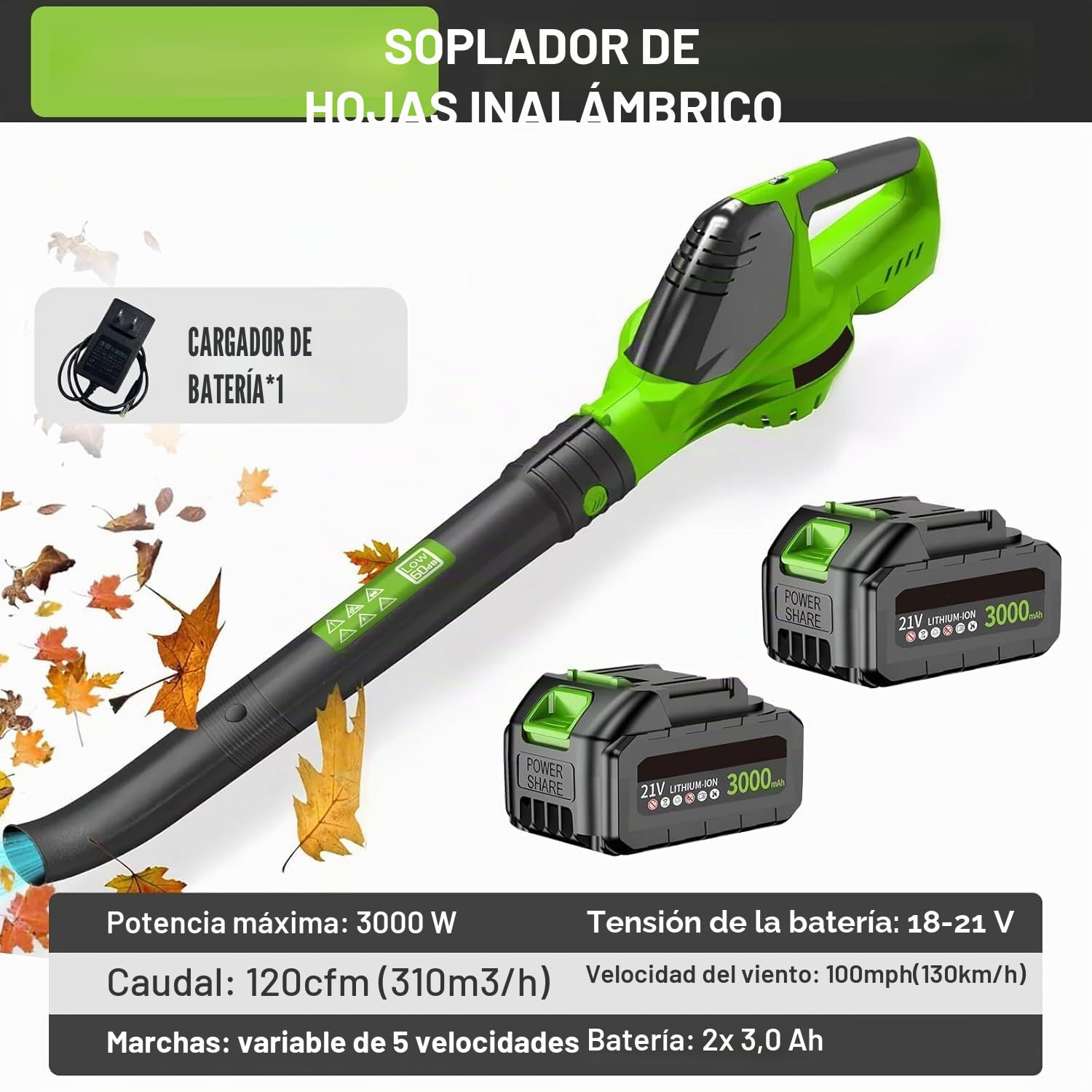 Soplador de batería de 21 V, soplador de hoja con batería de 3,0 Ah, 120 CFM/100 MPH, 5 velocidades, soplador de hojas inalámbrico para el mantenimiento del césped, remoción de nieve y eliminación de