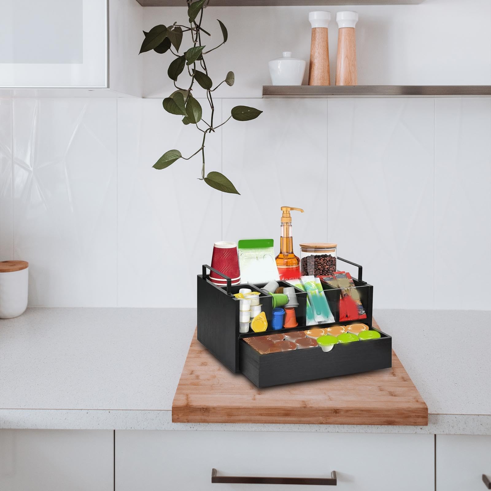 Coffee Stat nizer Drewniany uchwyt na kapsułki z 5 kartonami i pojemnikiem 34 x 24,5 x 20 cm do kuchni, biura, kawiarni, idealne akcesorium do kawy dla schludnego Sto
