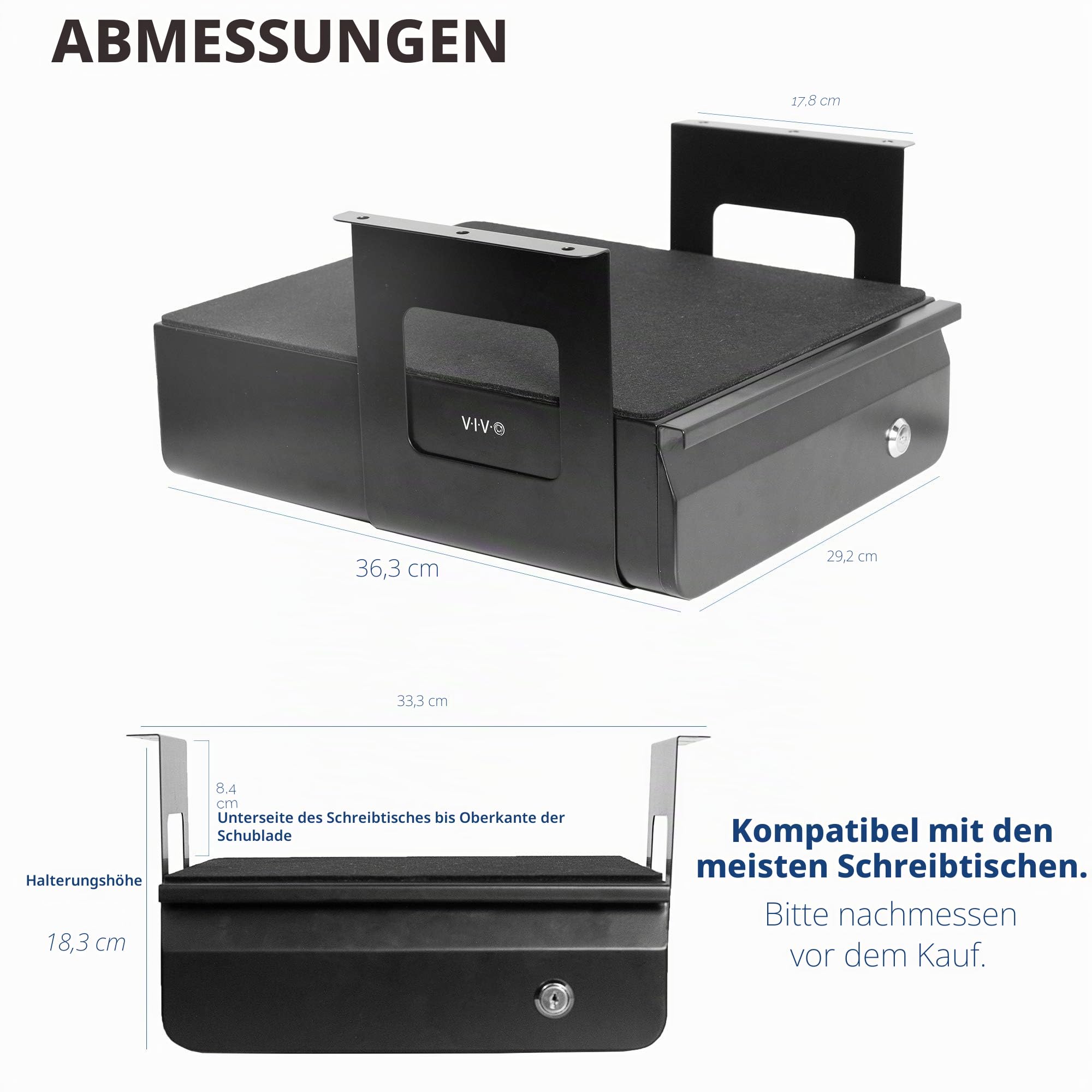 VIVO DESK-AC03L-B ausziehbare Schublade für den Schreibtisch, abschließbarer Schiebe-Organizer für Sitz-/Steh-Arbeitsplatz, 33 cm, Schwarz
